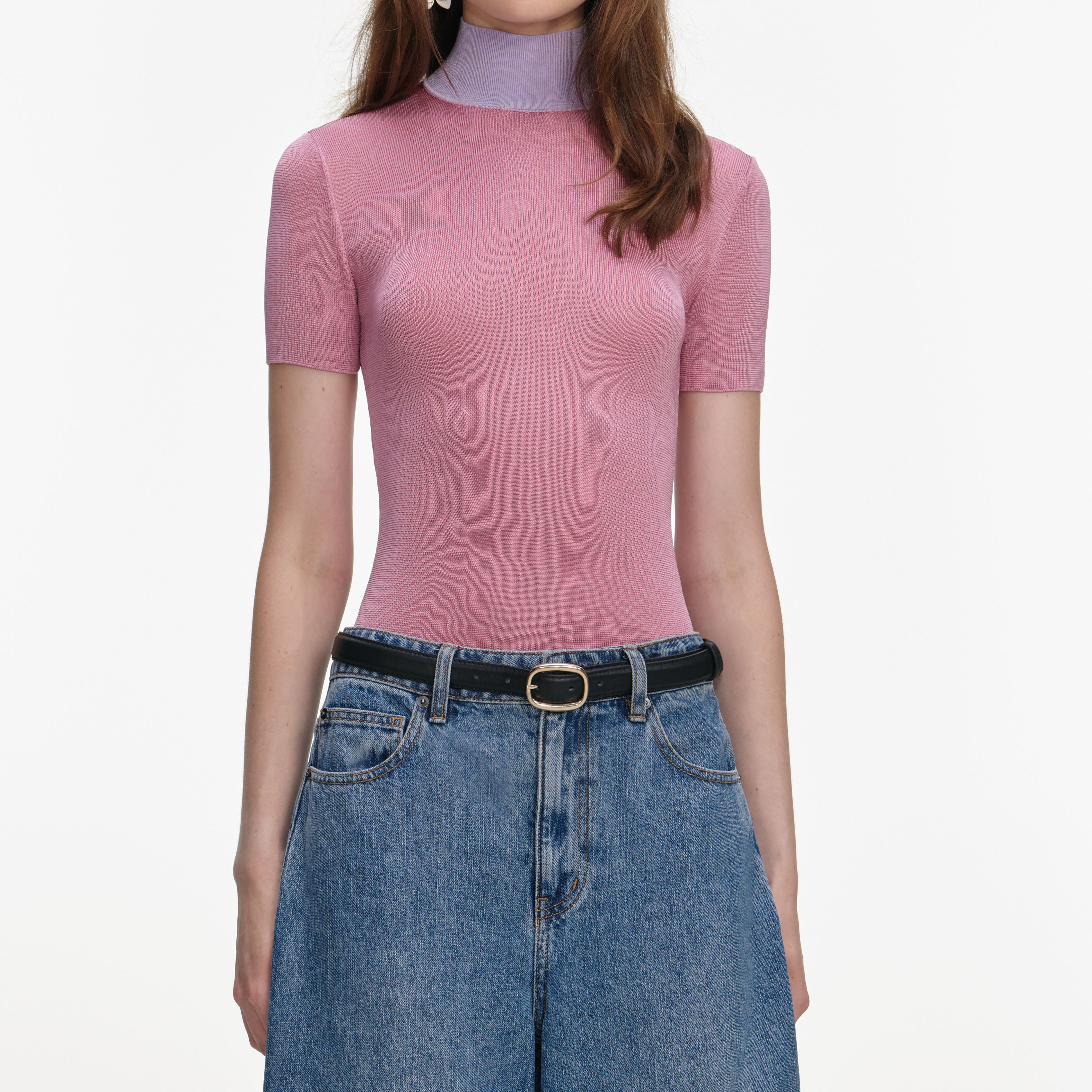 Pink Short Sleeve Viscose Knit Top – self-portrait-US