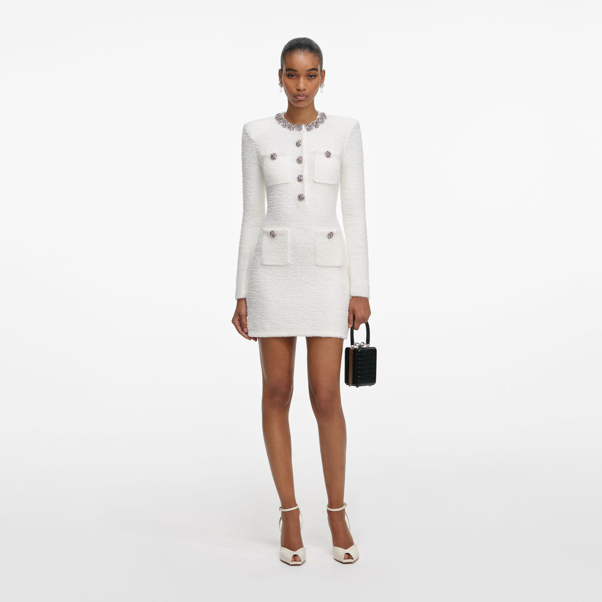 Self-Portrait - Cream Crystal Trim Knit Mini Dress - S Self-Portrait - Cream Crystal Trim Knit Mini Dress - S