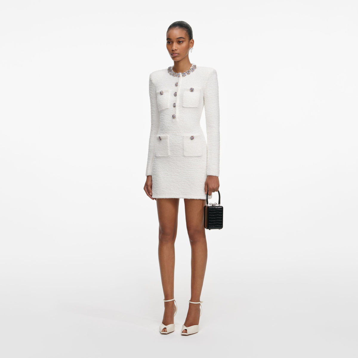 slim fit dress slacks Self-Portrait - Cream Crystal Trim Knit Mini Dress