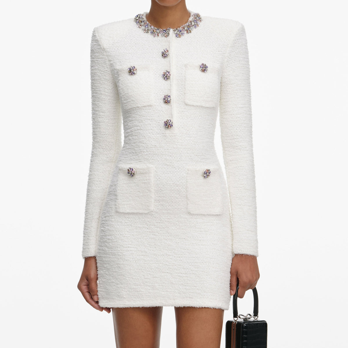 self portrait textured knit mini dress self-portrait - Cream Crystal Trim Everyday Low Price Women's Tailored Shorts curated Portrait captivates with a Size Guide:US 12 / UK 16