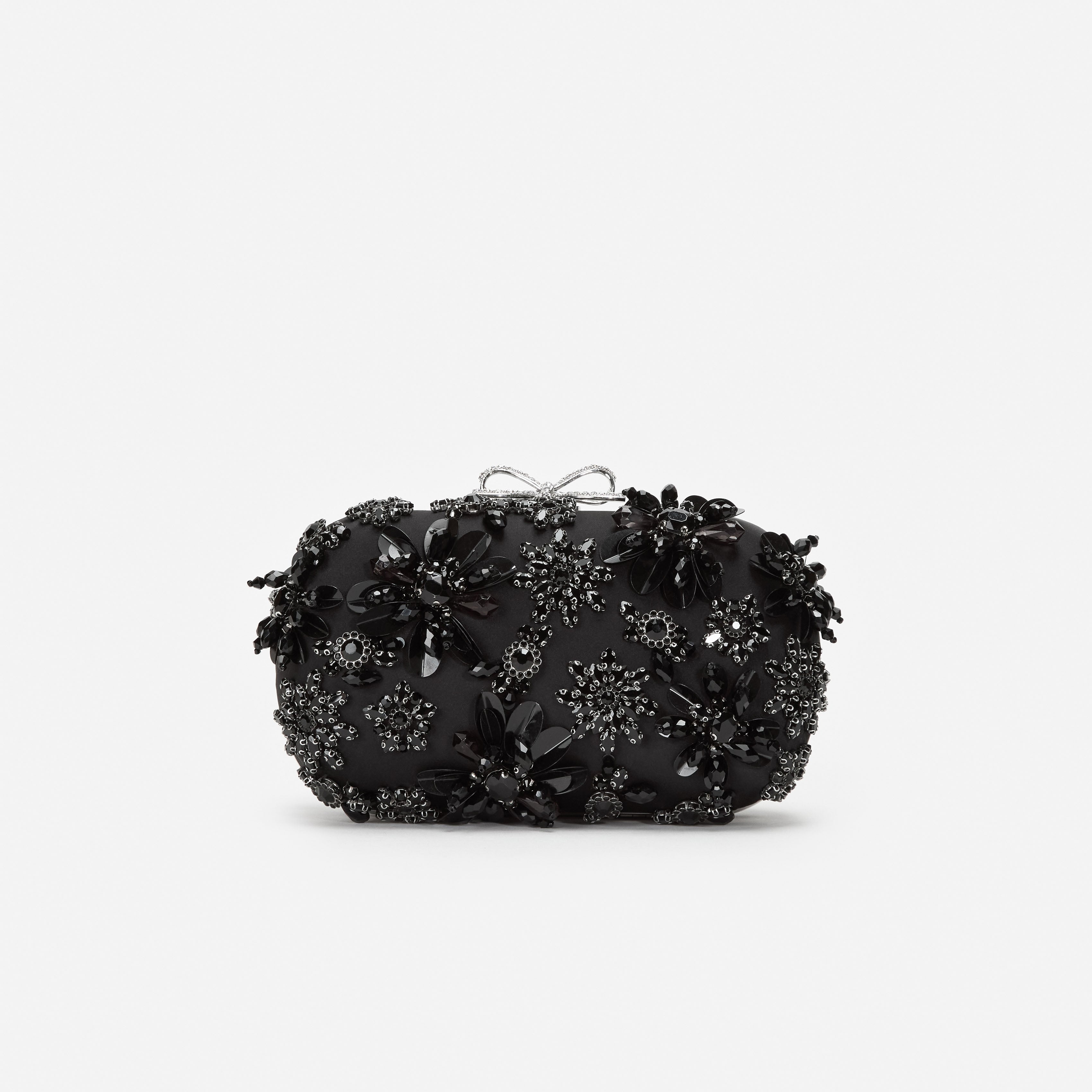 Black Satin Floral Crystal Clutch Bag