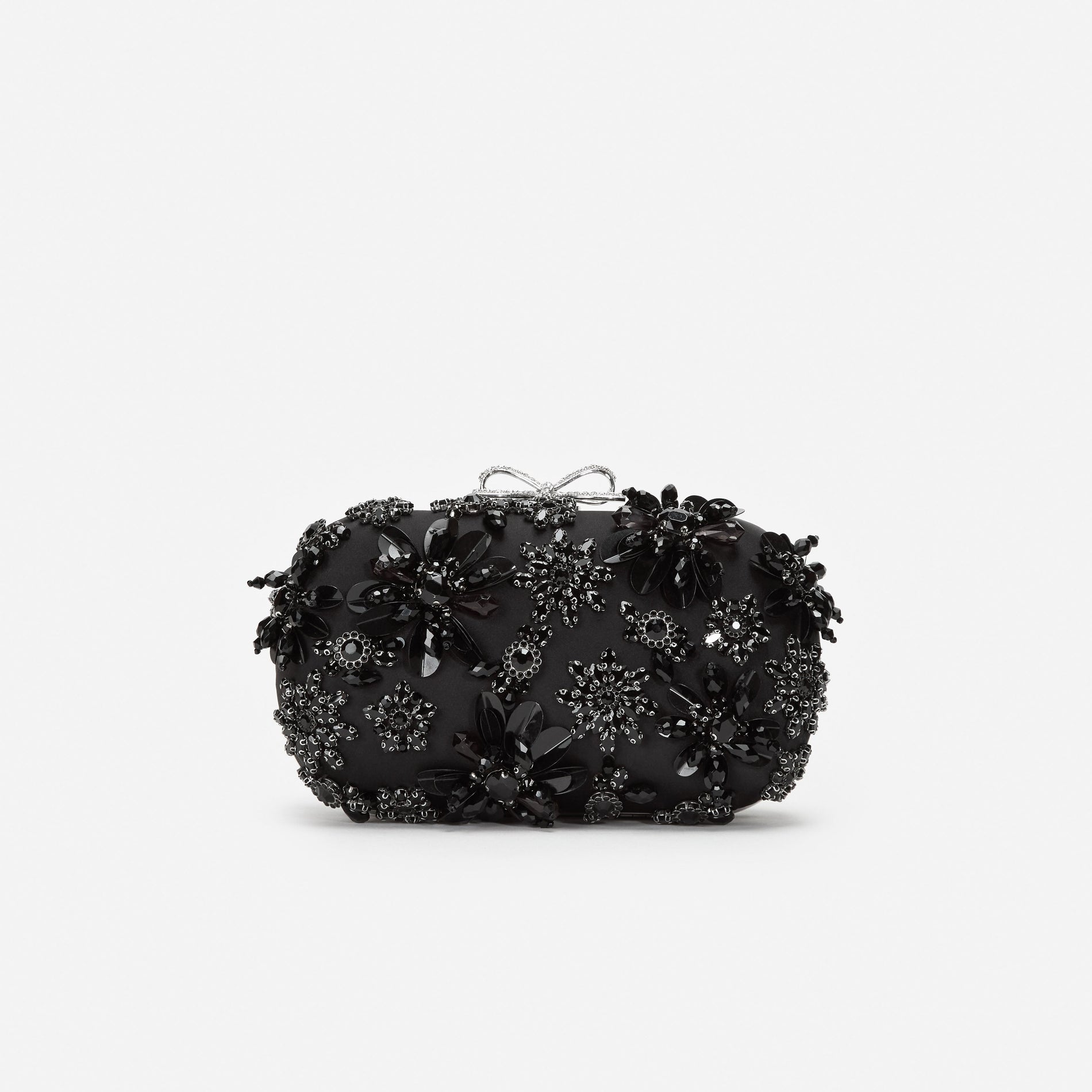 Black Satin Floral Crystal Clutch Bag