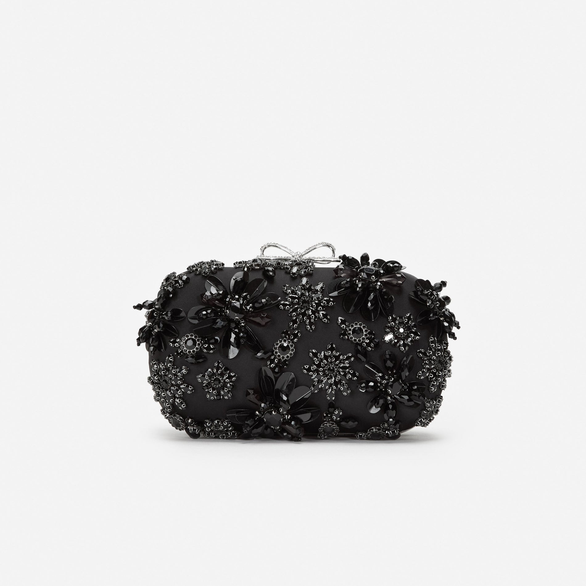 Black Satin Floral Crystal Clutch Bag