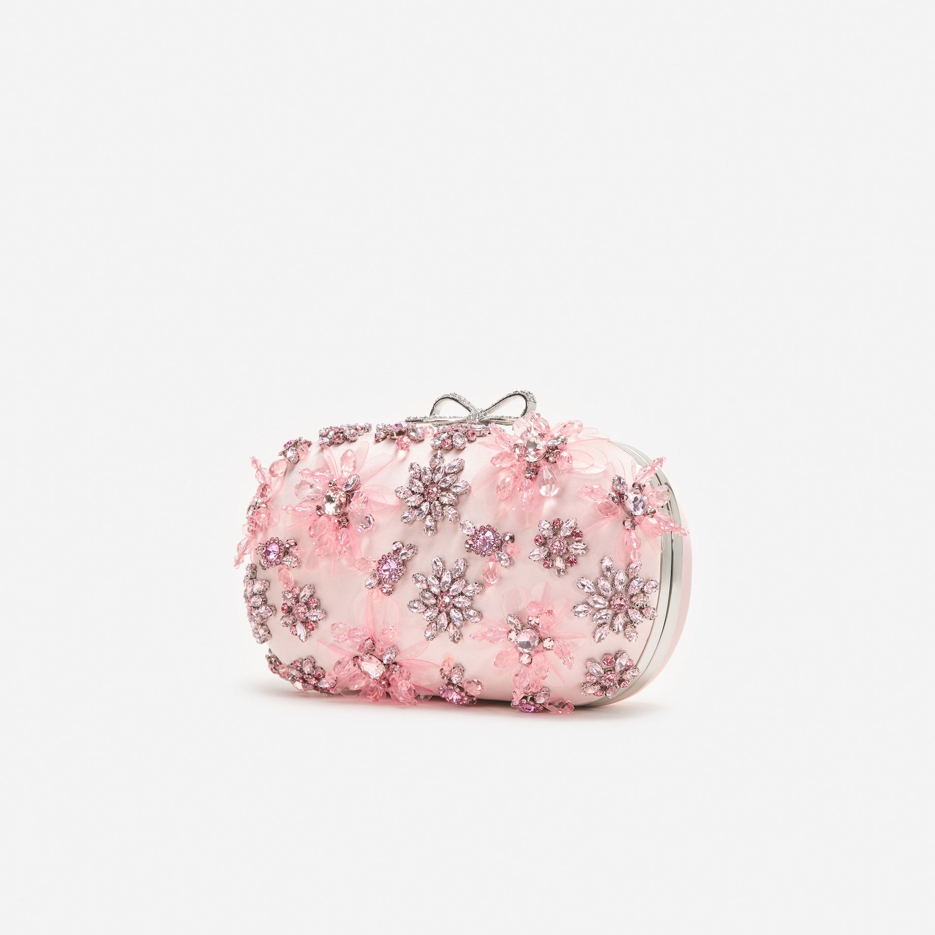 Pink Satin Floral Crystal Clutch