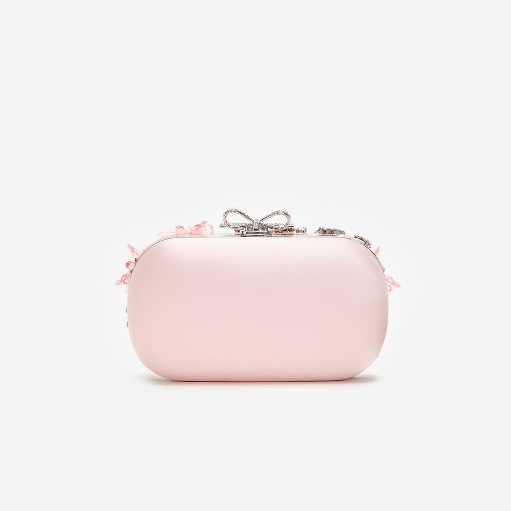 Pink Satin Floral Crystal Clutch