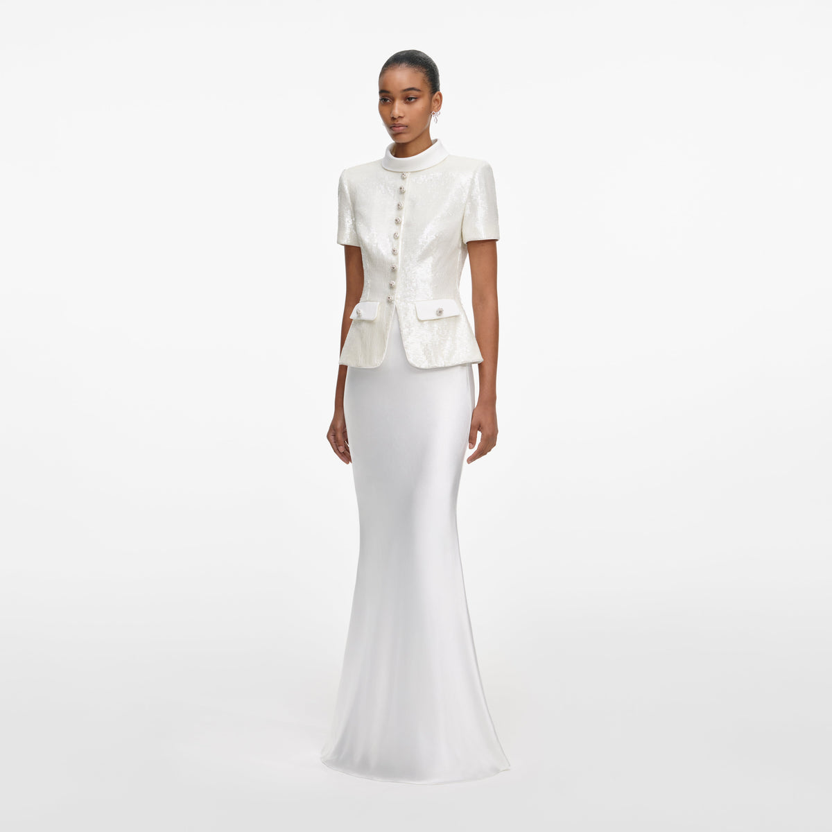 self-portrait - White Sequin Tailored Maxi Dress