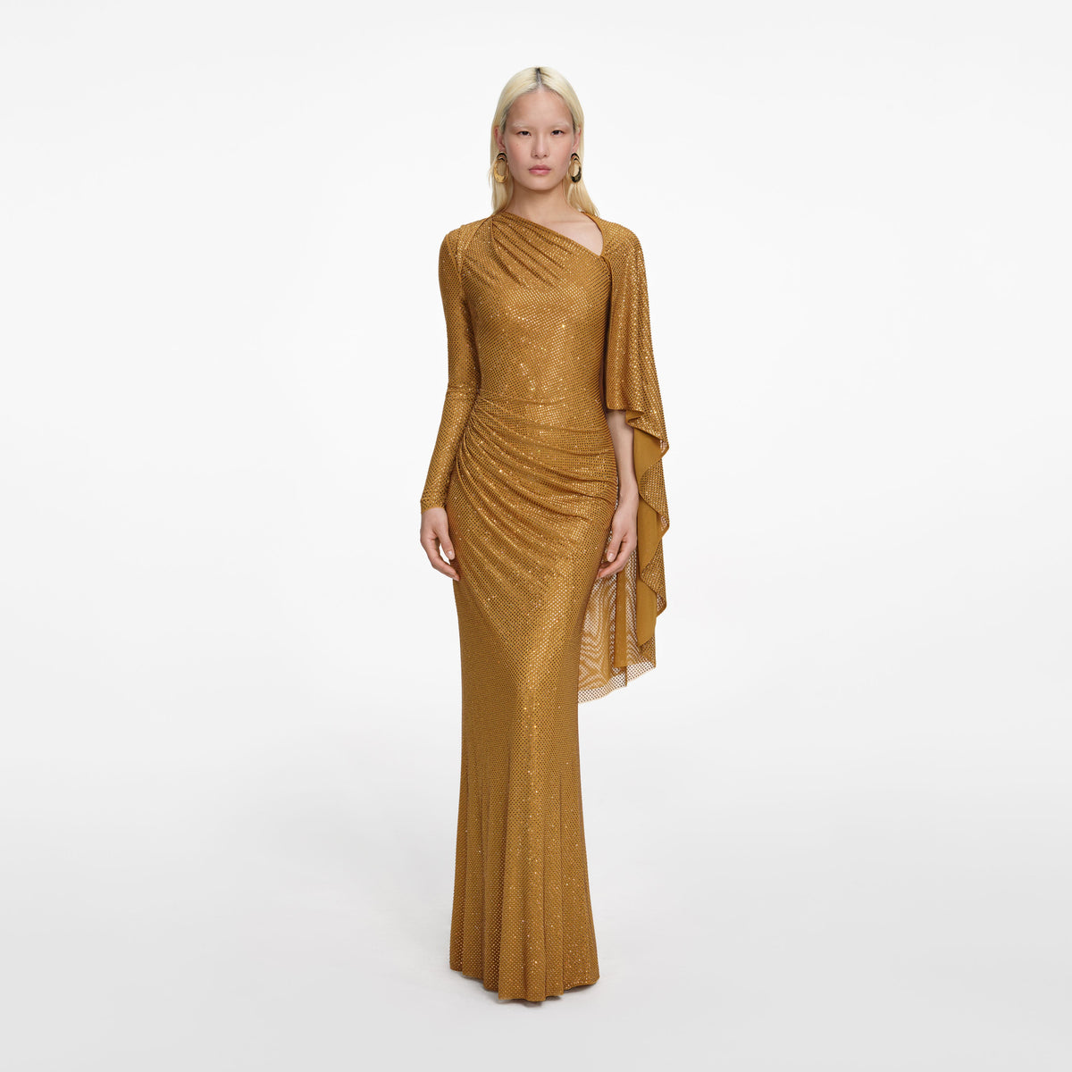 Self-Portrait - Gold Rhinestone Drape Maxi Dress - US 0 Self-Portrait - Gold Rhinestone Drape Maxi Dress - US 0