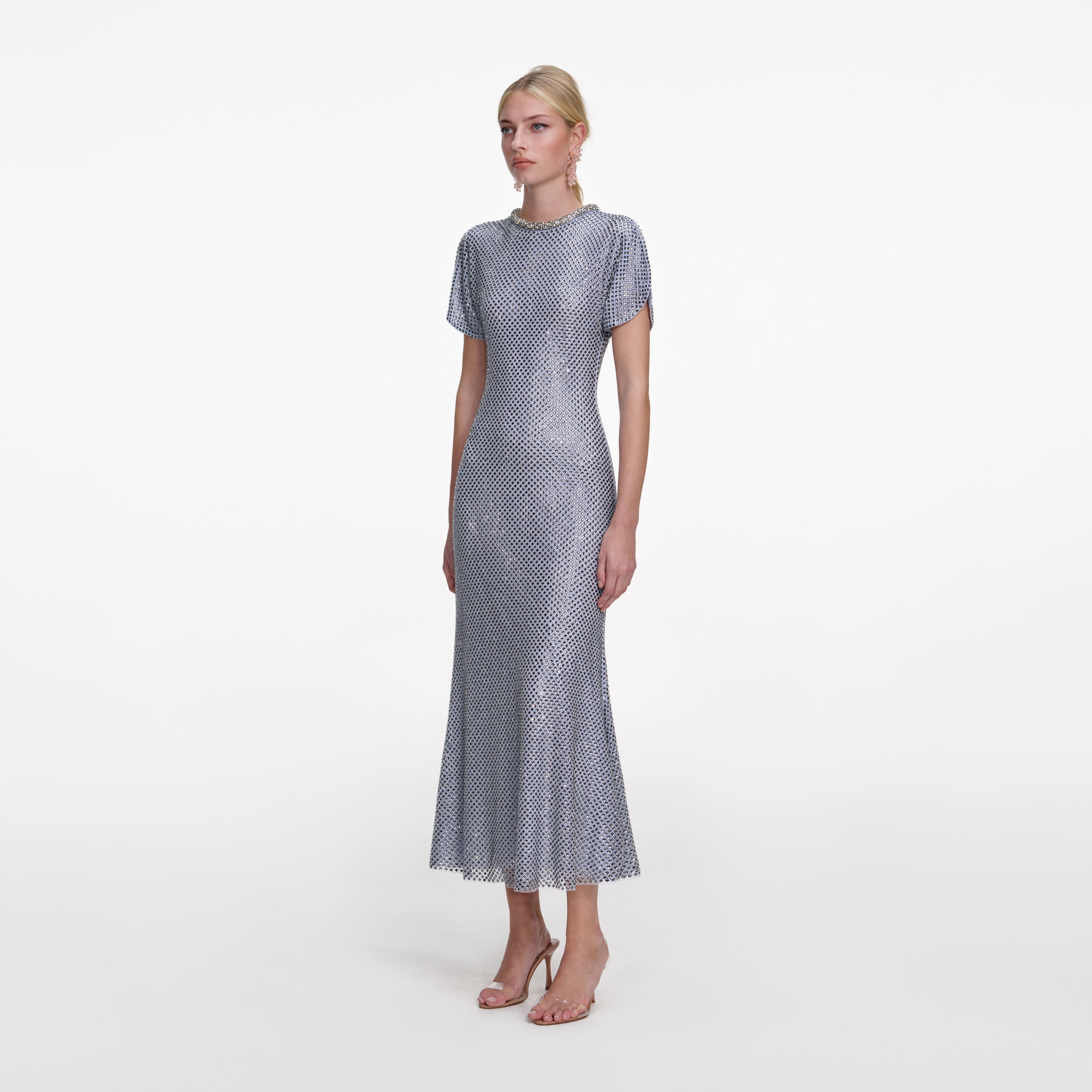 ワンピース self-portrait DotMeshGathered Midi Dress Blue Rhinestone Mesh Midi Dress – self-portrait-US