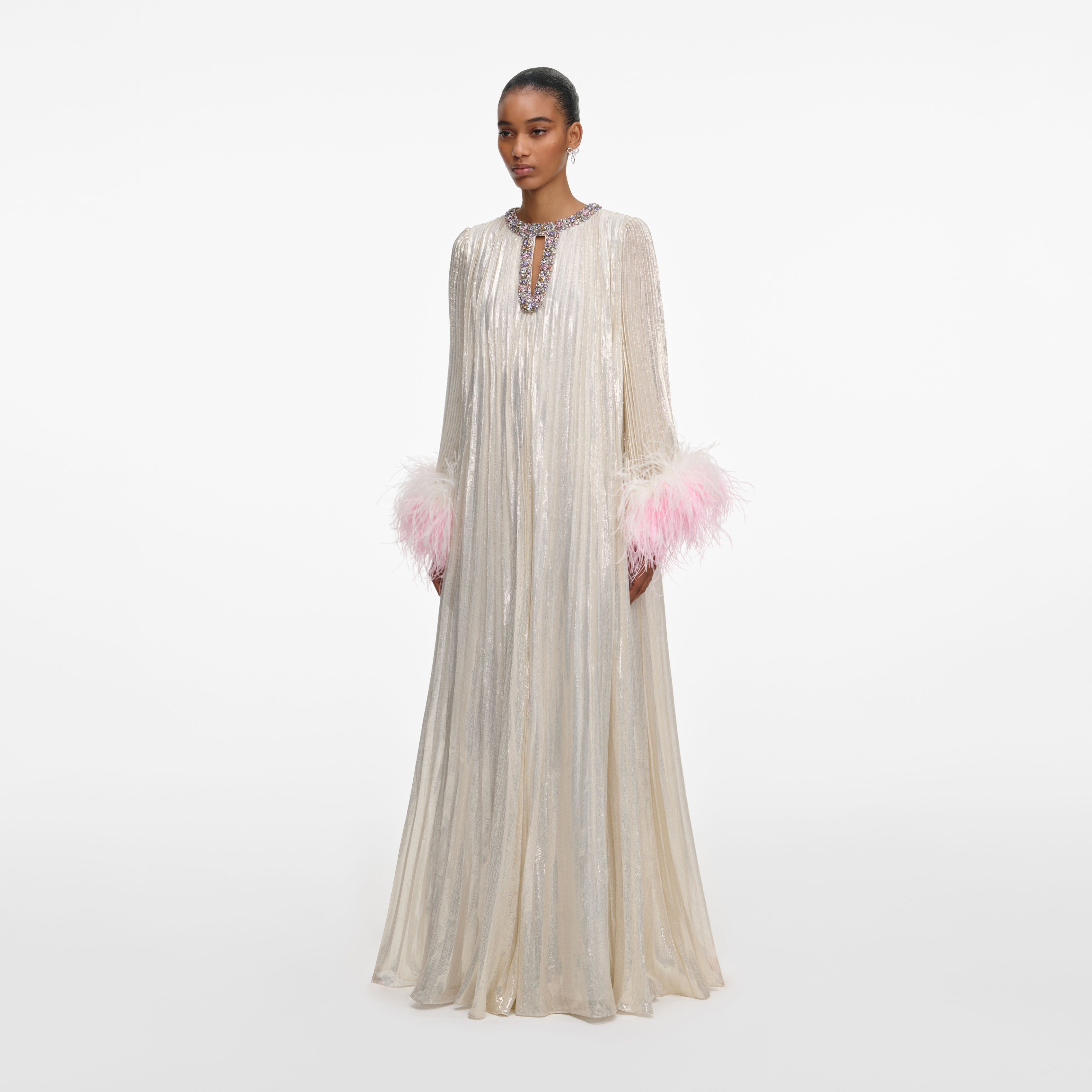 Champagne Metallic Ombre Feather Maxi Dress