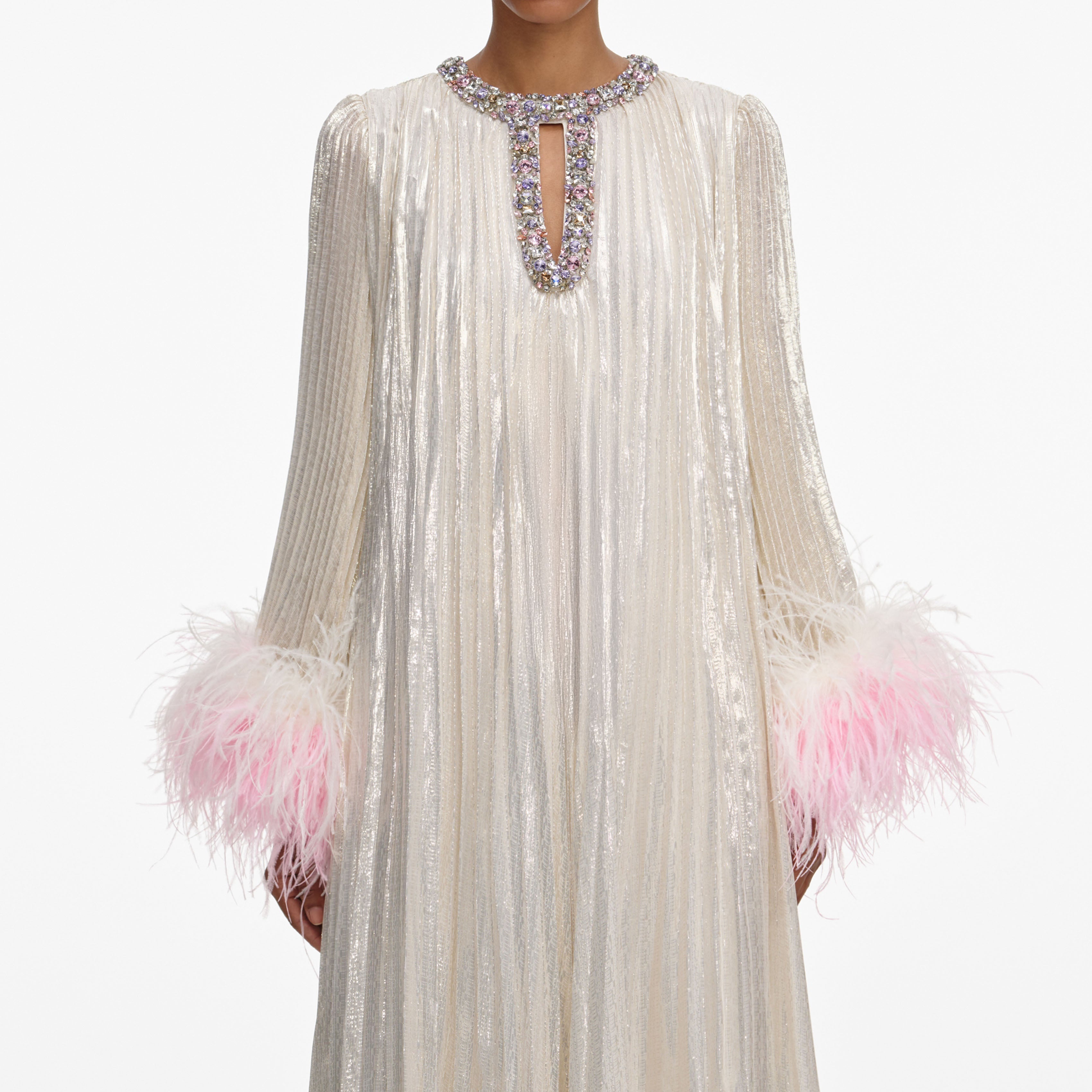 Champagne Metallic Ombre Feather Maxi Dress