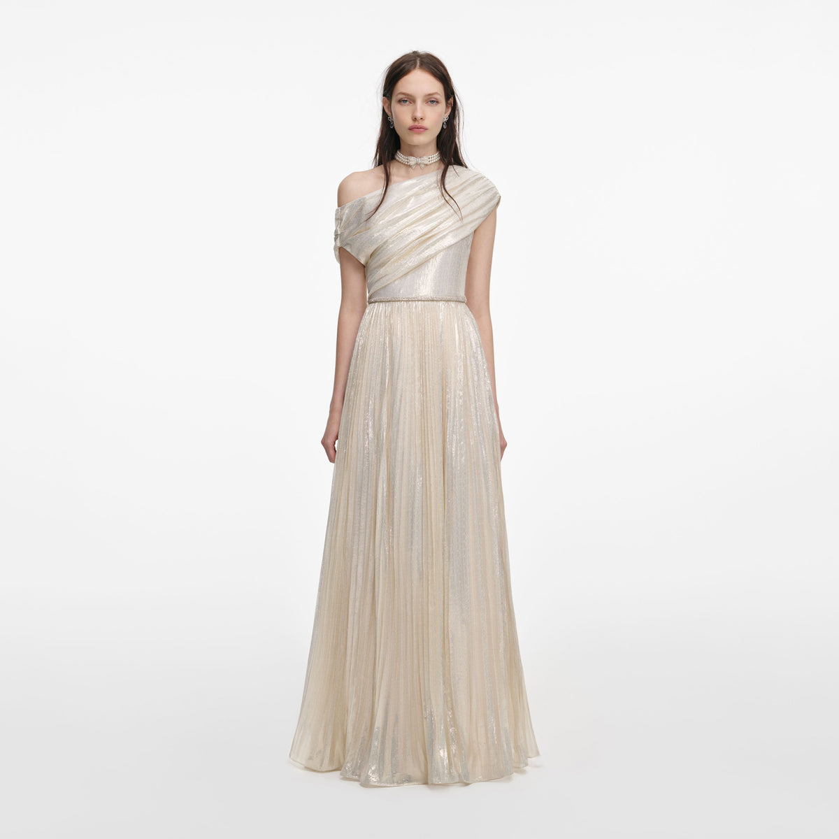self portrait ivory chiffon maxi dress self-portrait - Cream And Gold Chiffon Maxi Dress