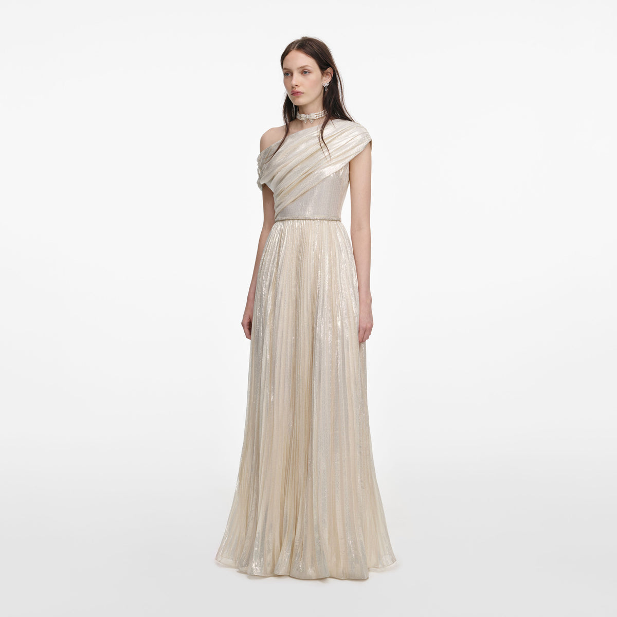 self-portrait - Champagne Metallic Chiffon Maxi Dress