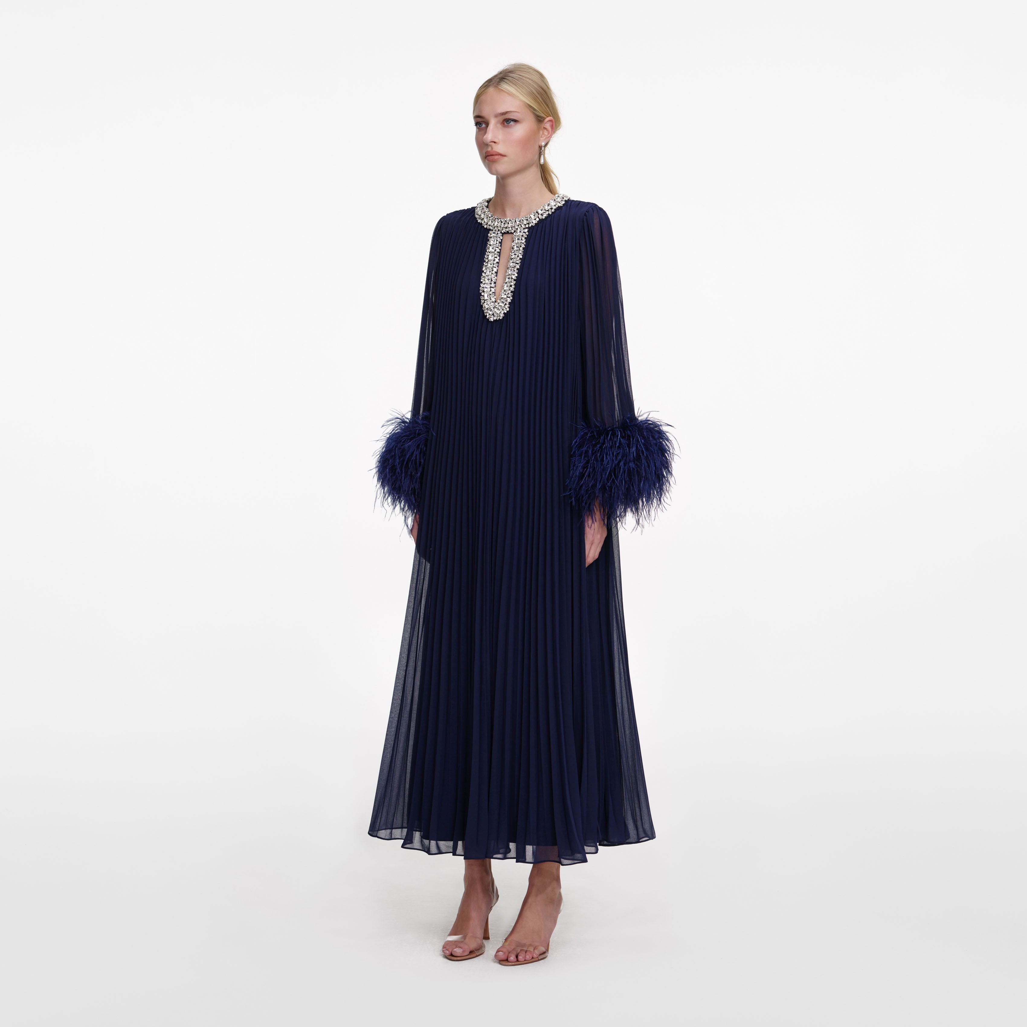 Navy Chiffon Feather Midi Dress – self-portrait-US