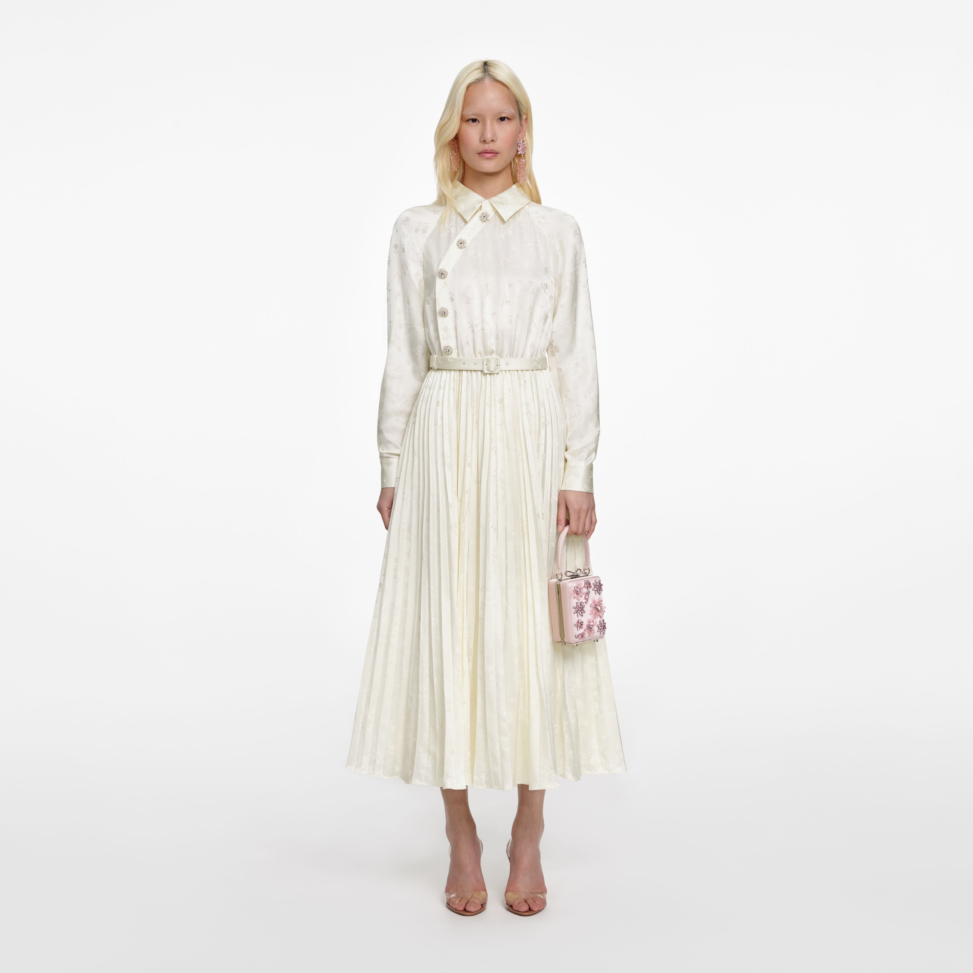 Cream Satin Jacquard Midi Dress