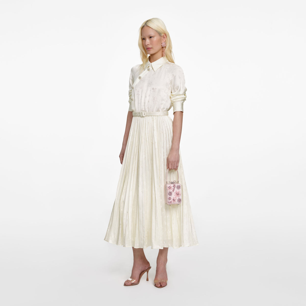 satin effect jacquard midi dress Cream Satin Jacquard Midi Dress – self-portrait-US