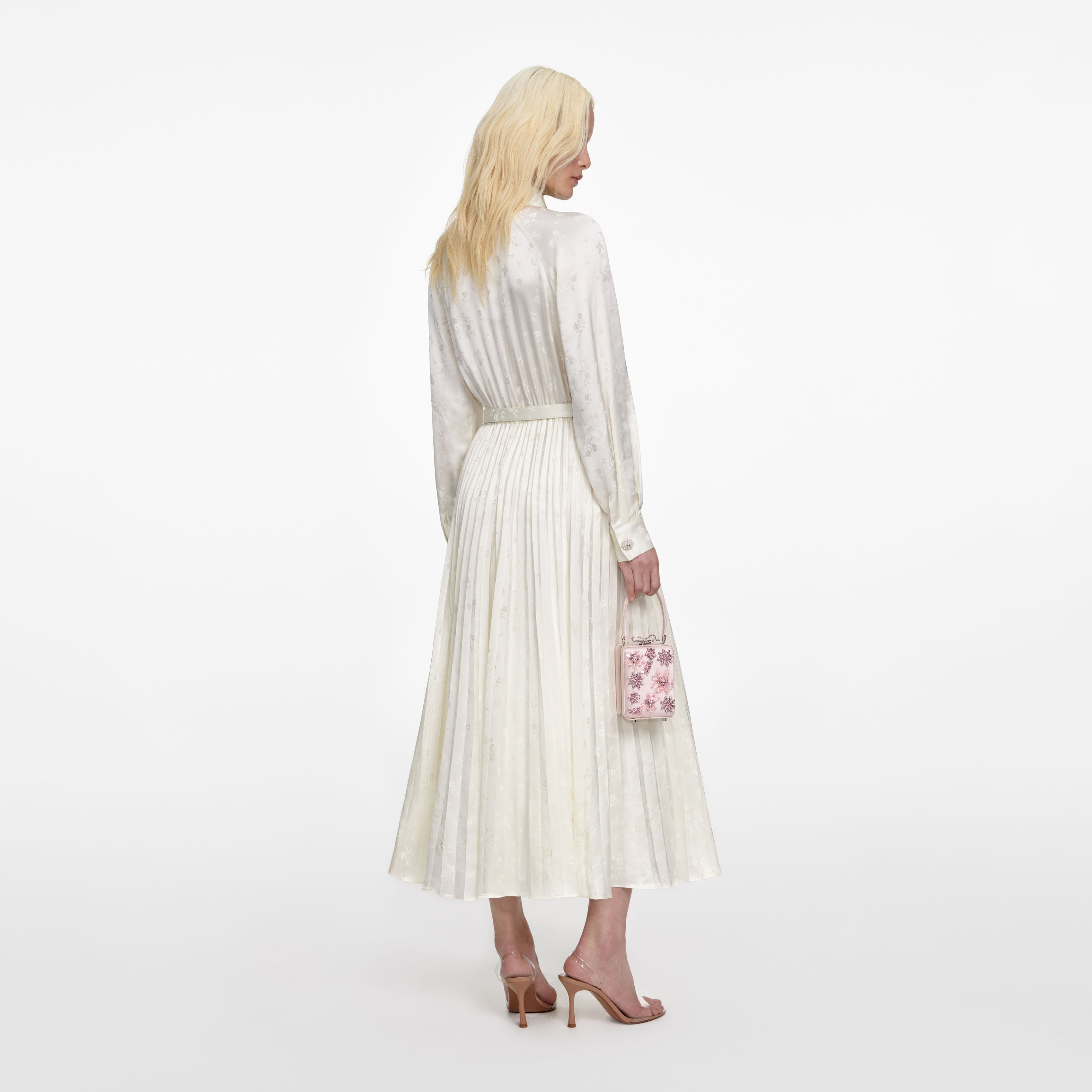 Cream Satin Jacquard Midi Dress