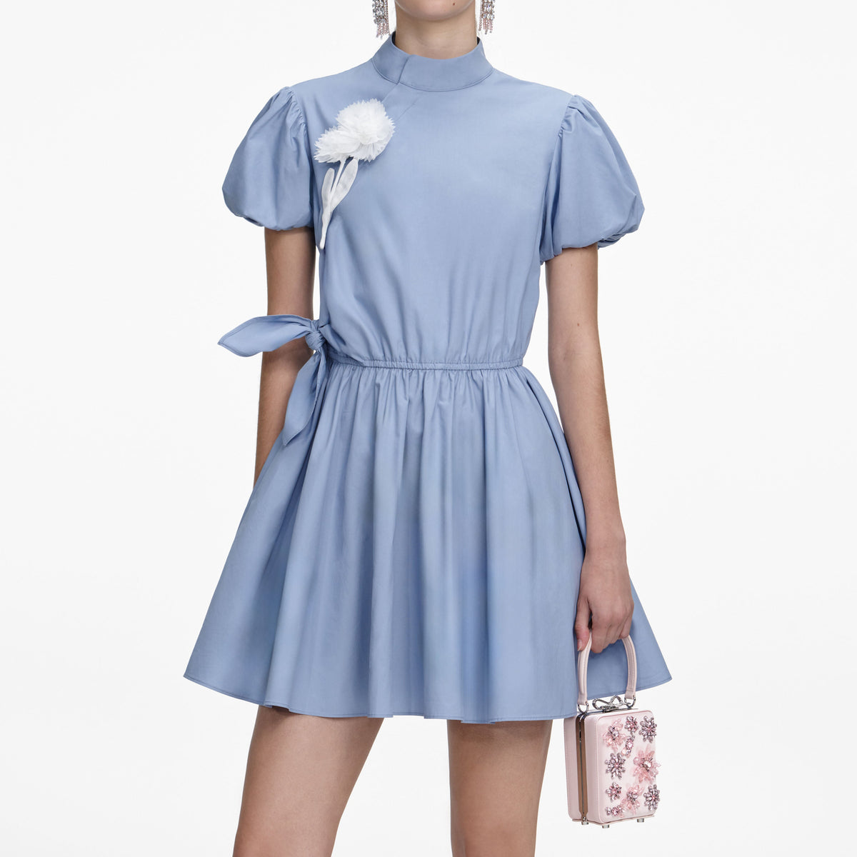 self-portrait - Blue Cotton Drape Mini Dress
