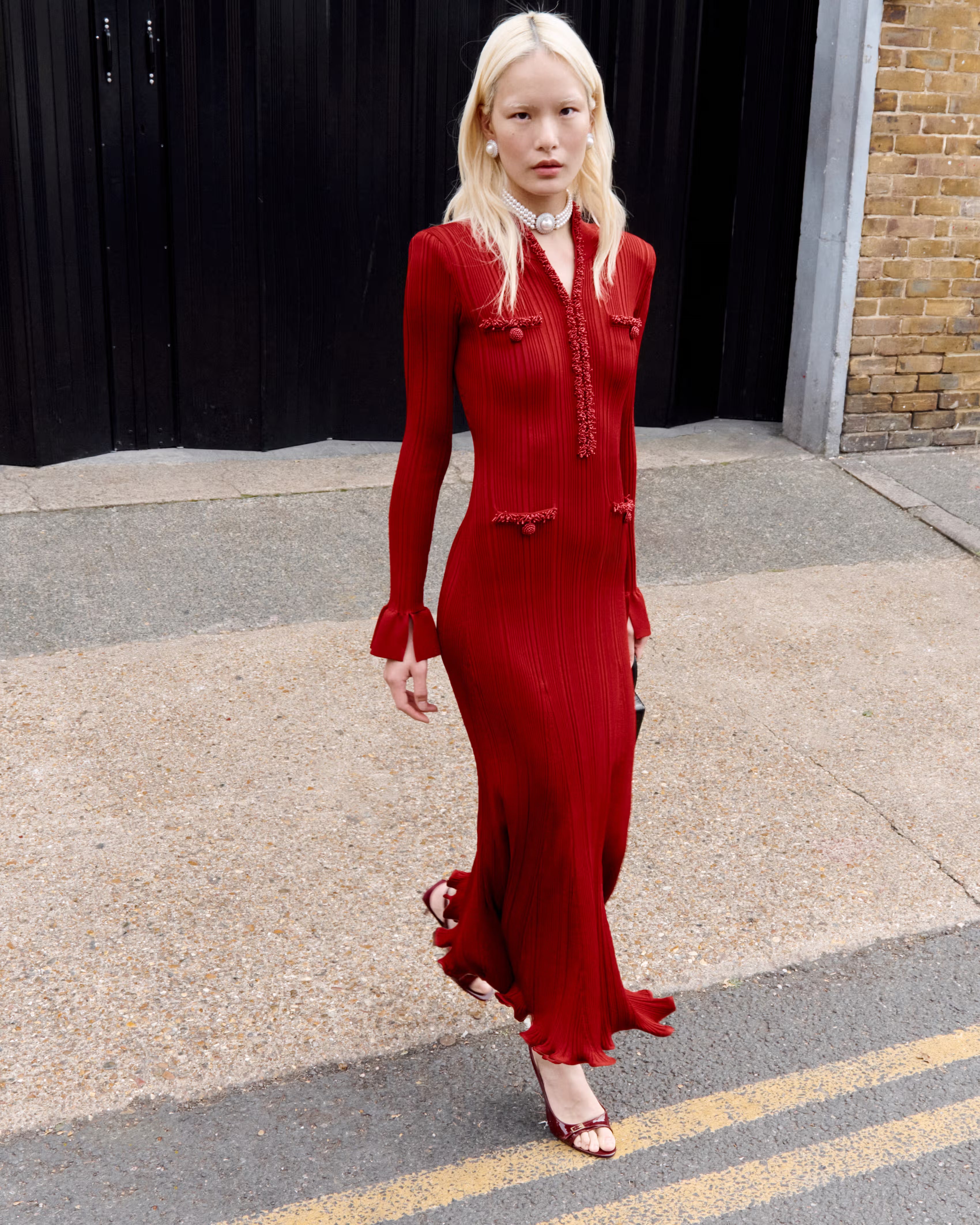 Red Pearl Trim Knit Midi Dress – self-portrait-US