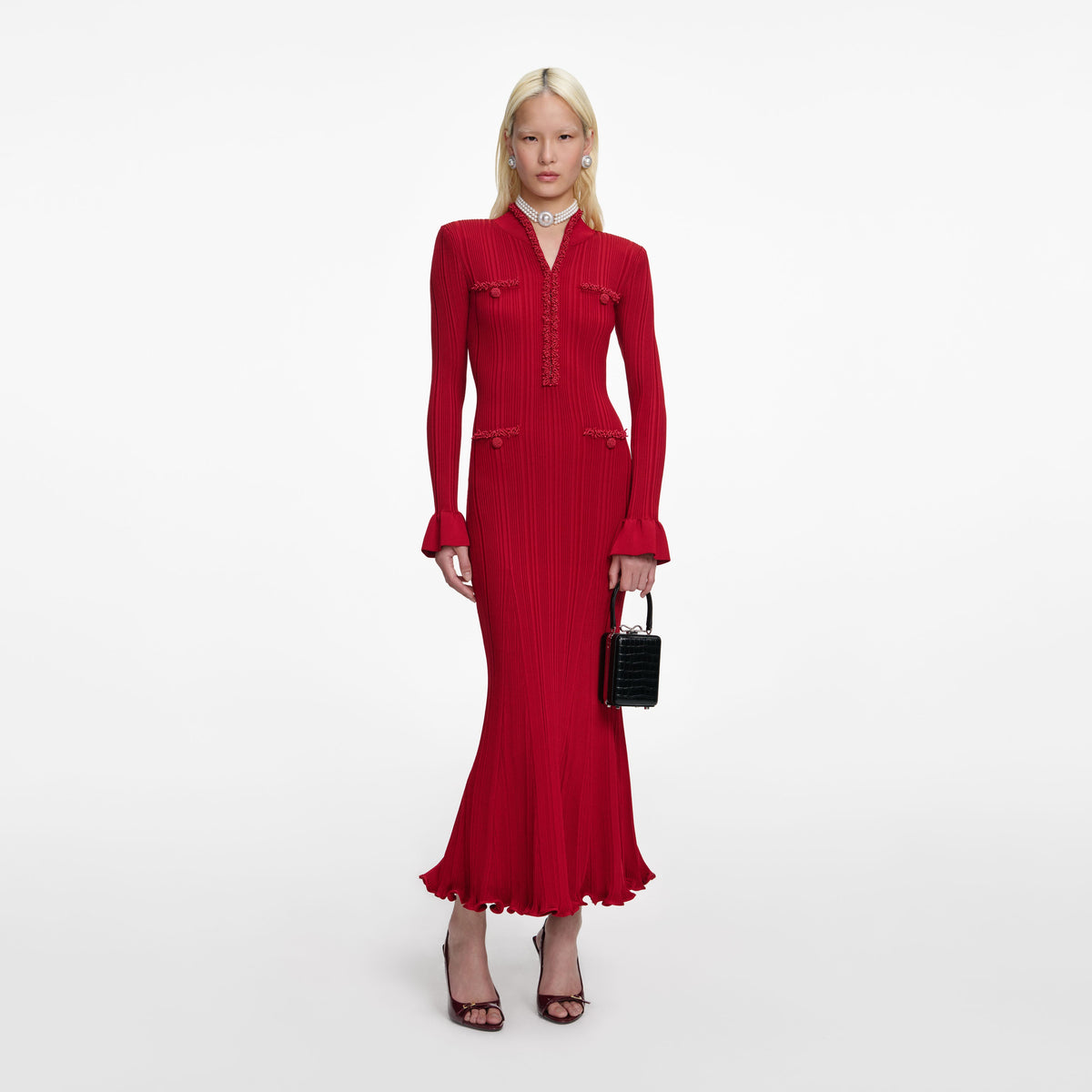 self-portrait - Red Pearl Trim Knit Midi Dress - M
