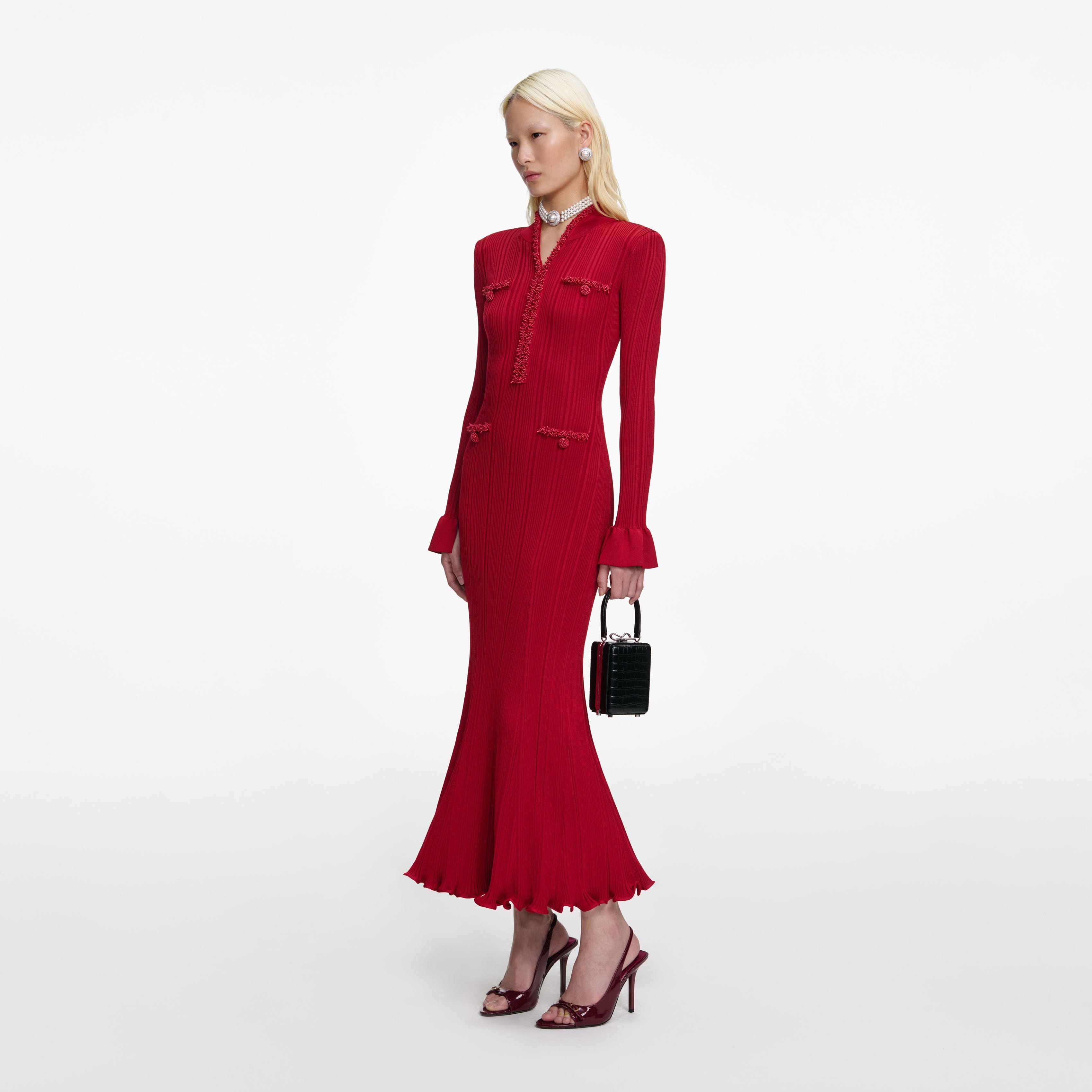 Red Pearl Trim Knit Midi Dress – self-portrait-US