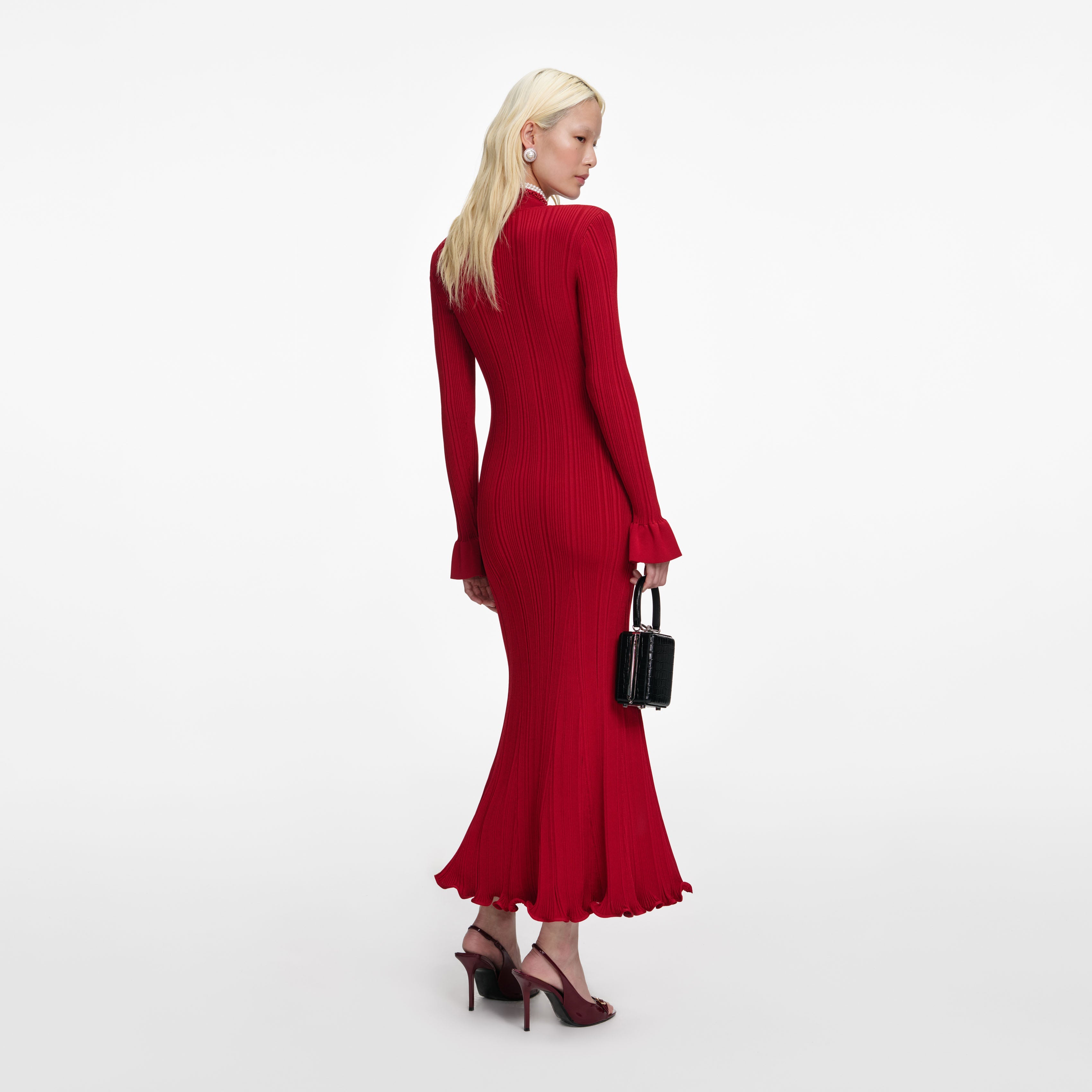 Red Pearl Trim Knit Midi Dress – self-portrait-US