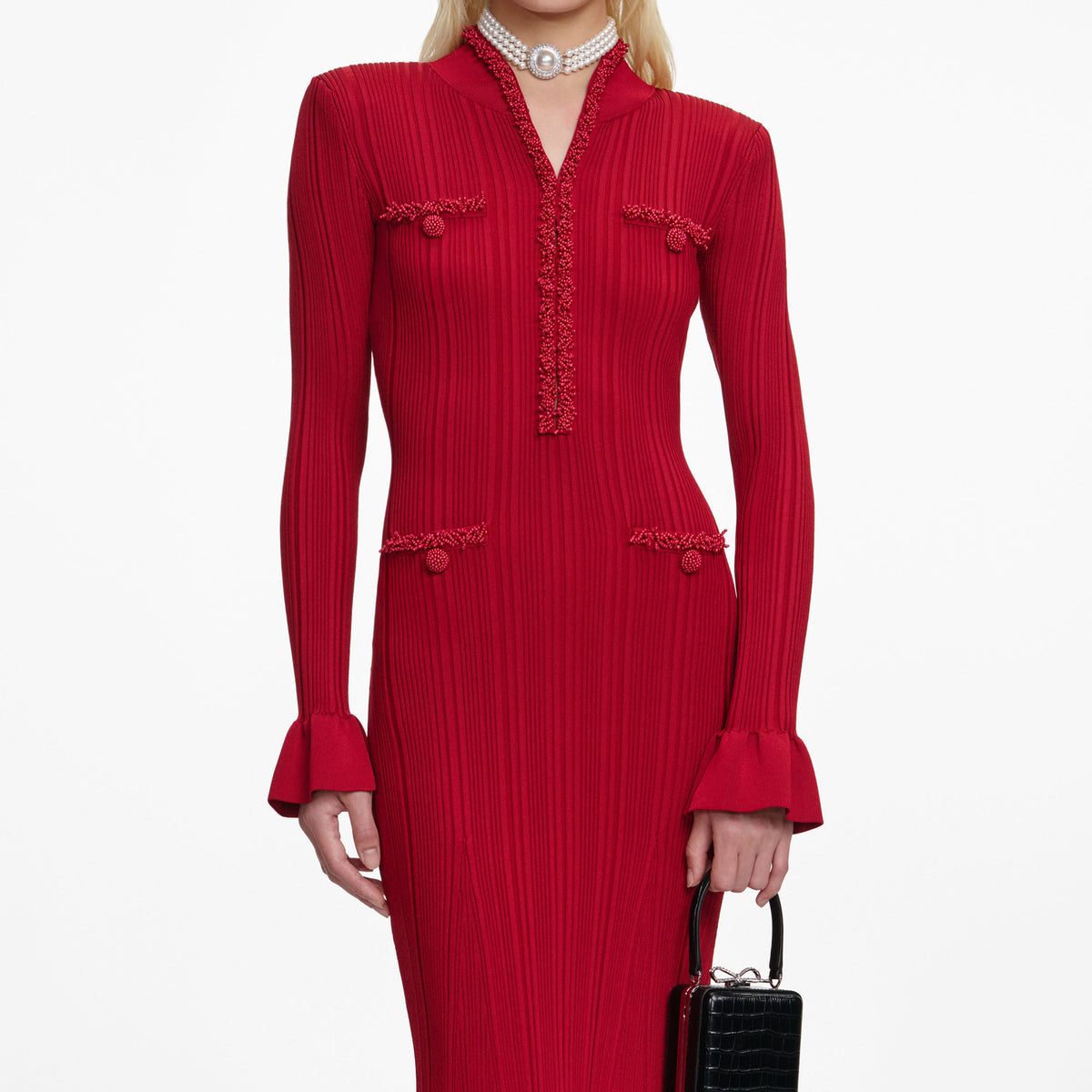 self-portrait - Red Pearl Trim Knit Midi Dress