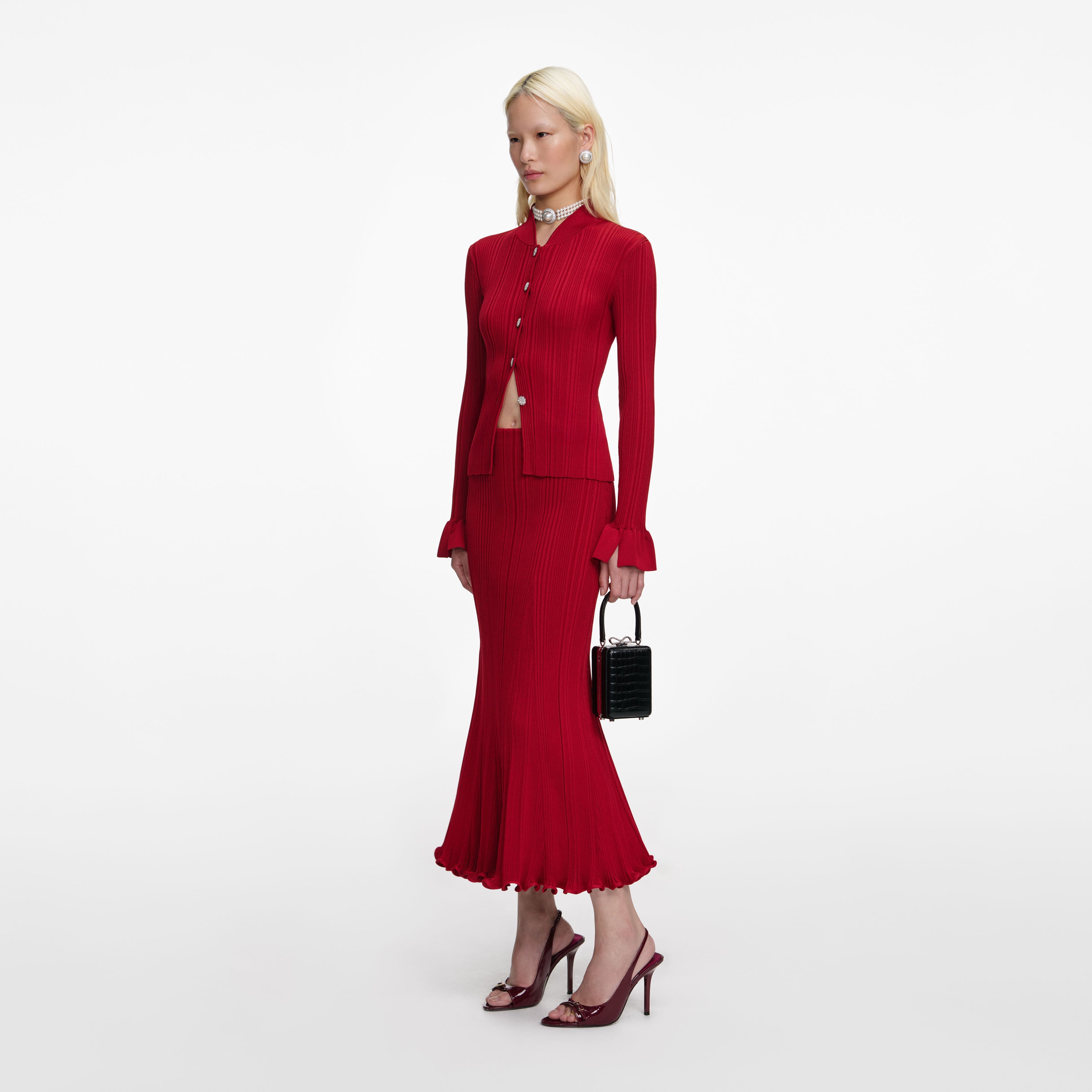 Red Pearl Trim Knit Midi Dress – self-portrait-US