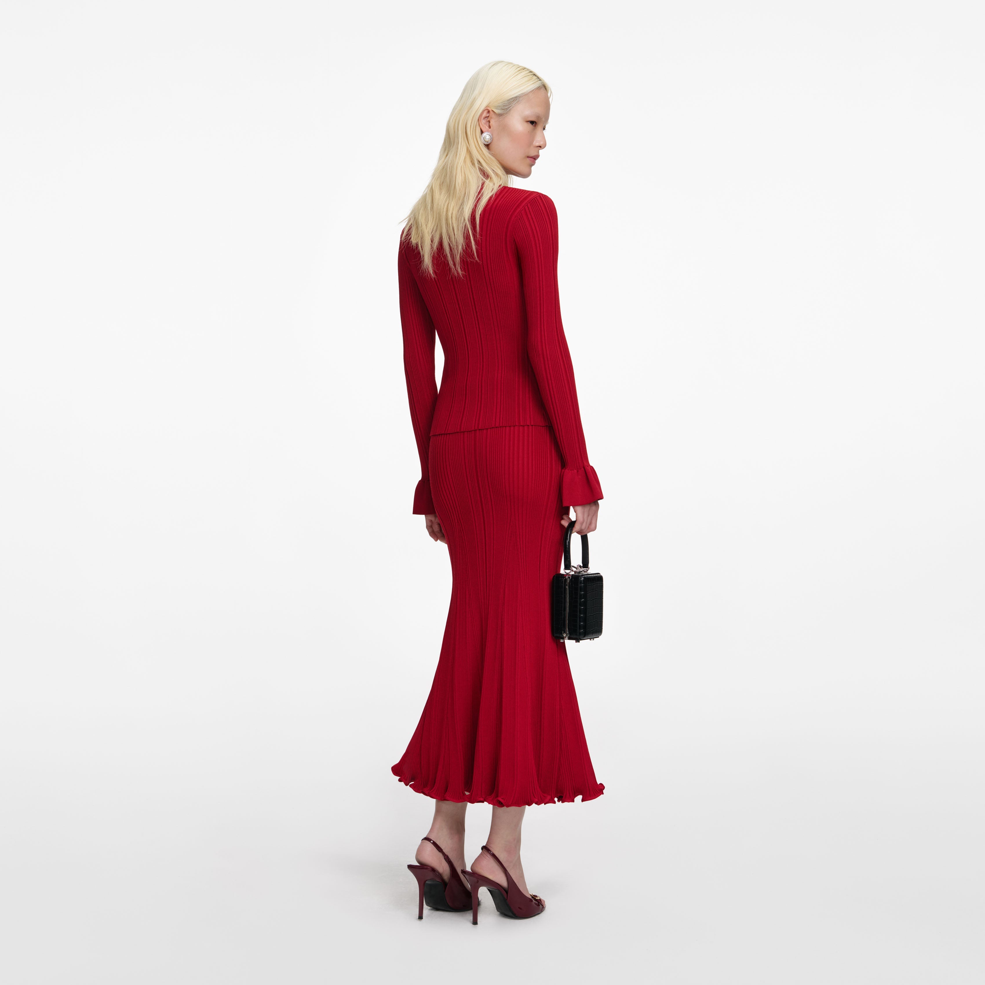 Red Pearl Trim Knit Midi Dress – self-portrait-US