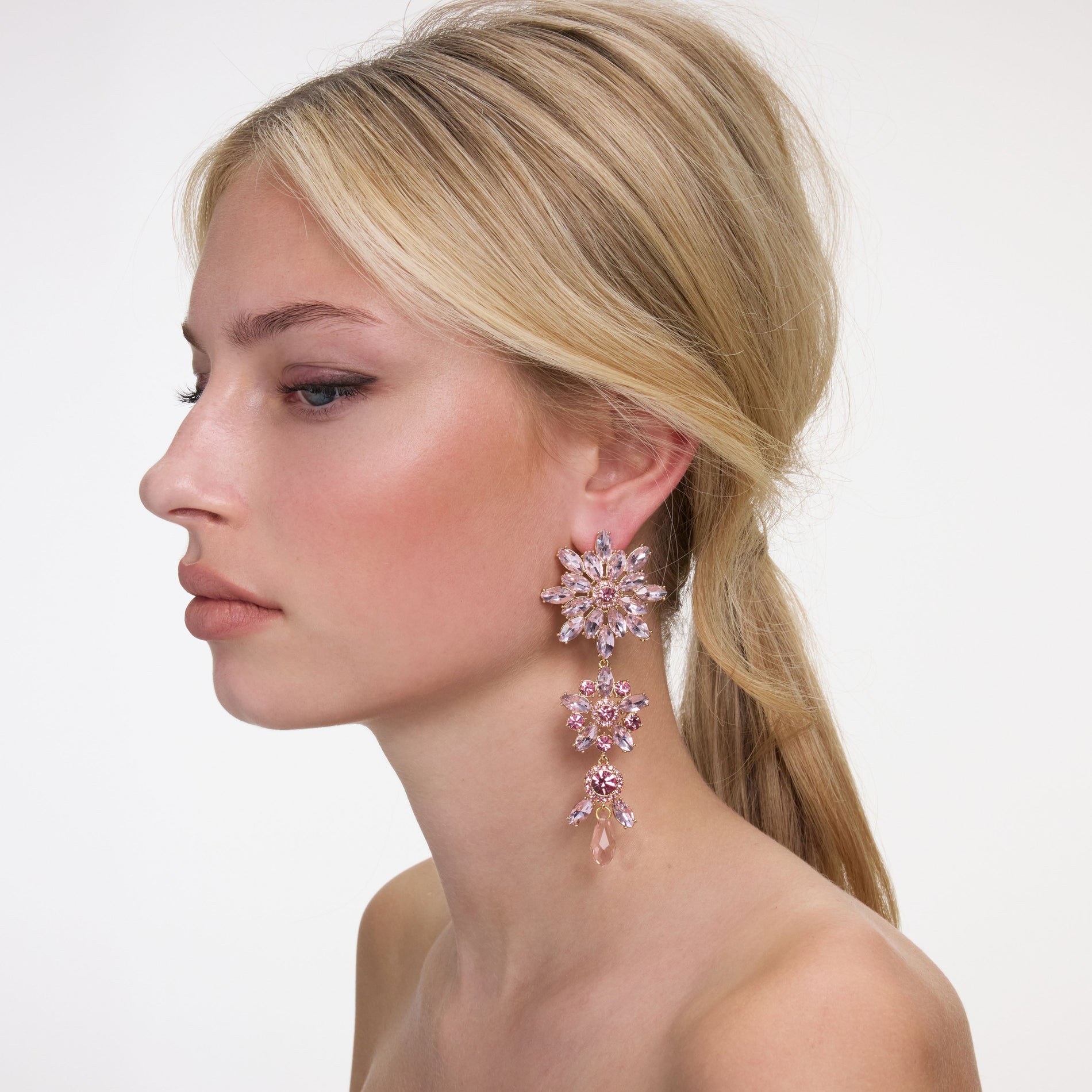 Pink Crystal Tiered Flower Earrings