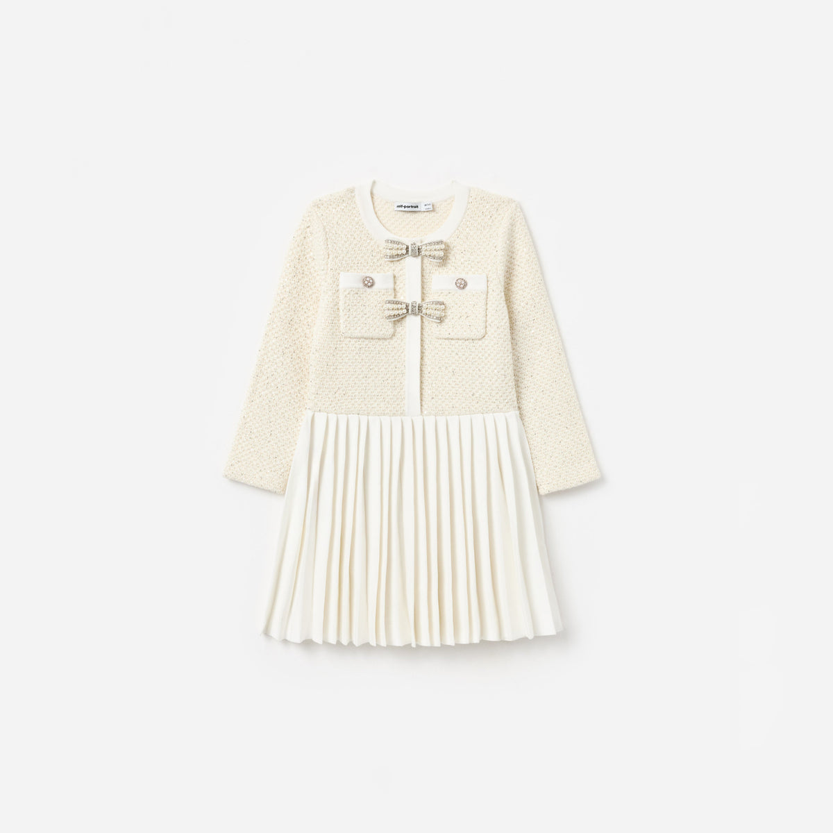 self-portrait - Cream Sequin Knit Bow Trim Dress