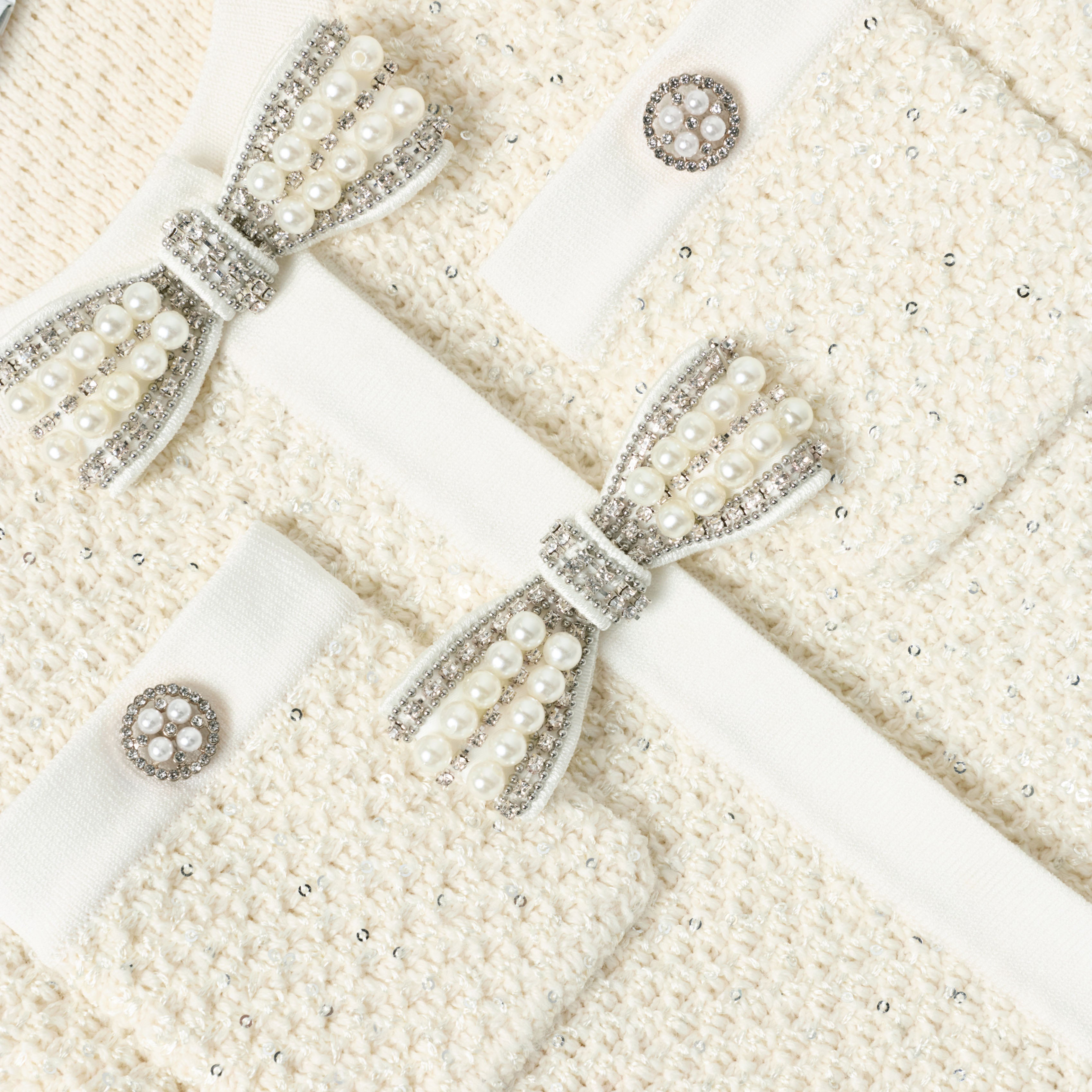 Cream Sequin Knit Bow Trim Dress