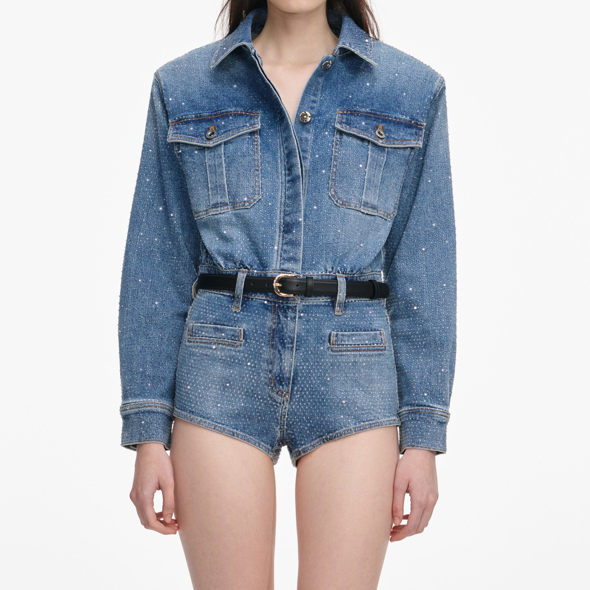 A close up of a woman wearing the Rhinestone Denim Playsuit