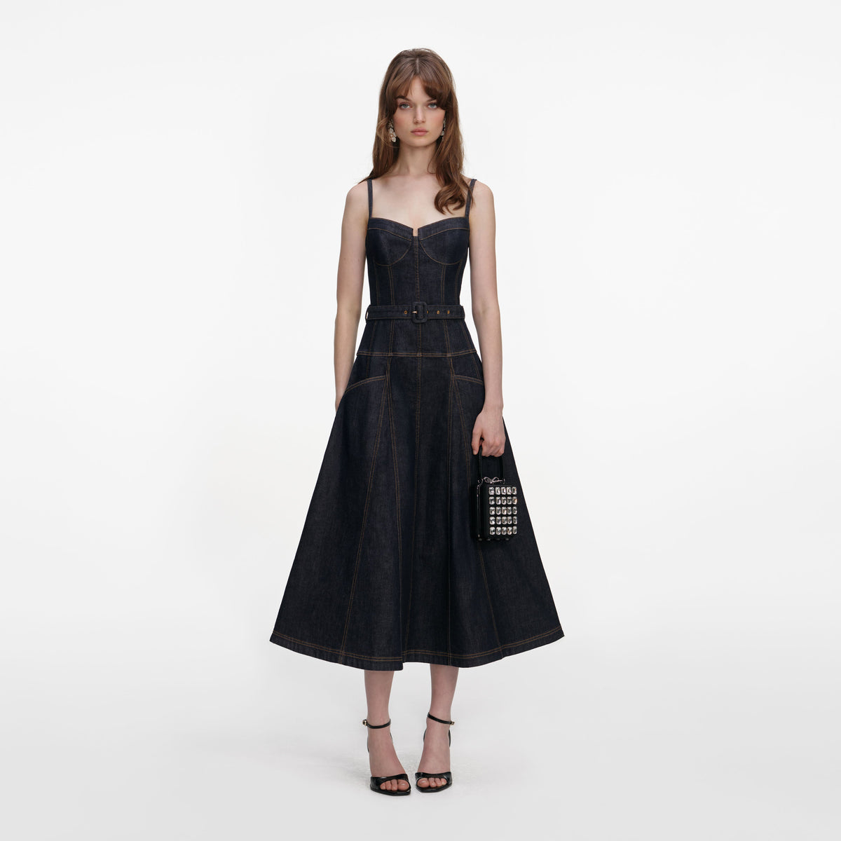 self portrait denim dress sale Paneled denim halterneck mini dress - blue