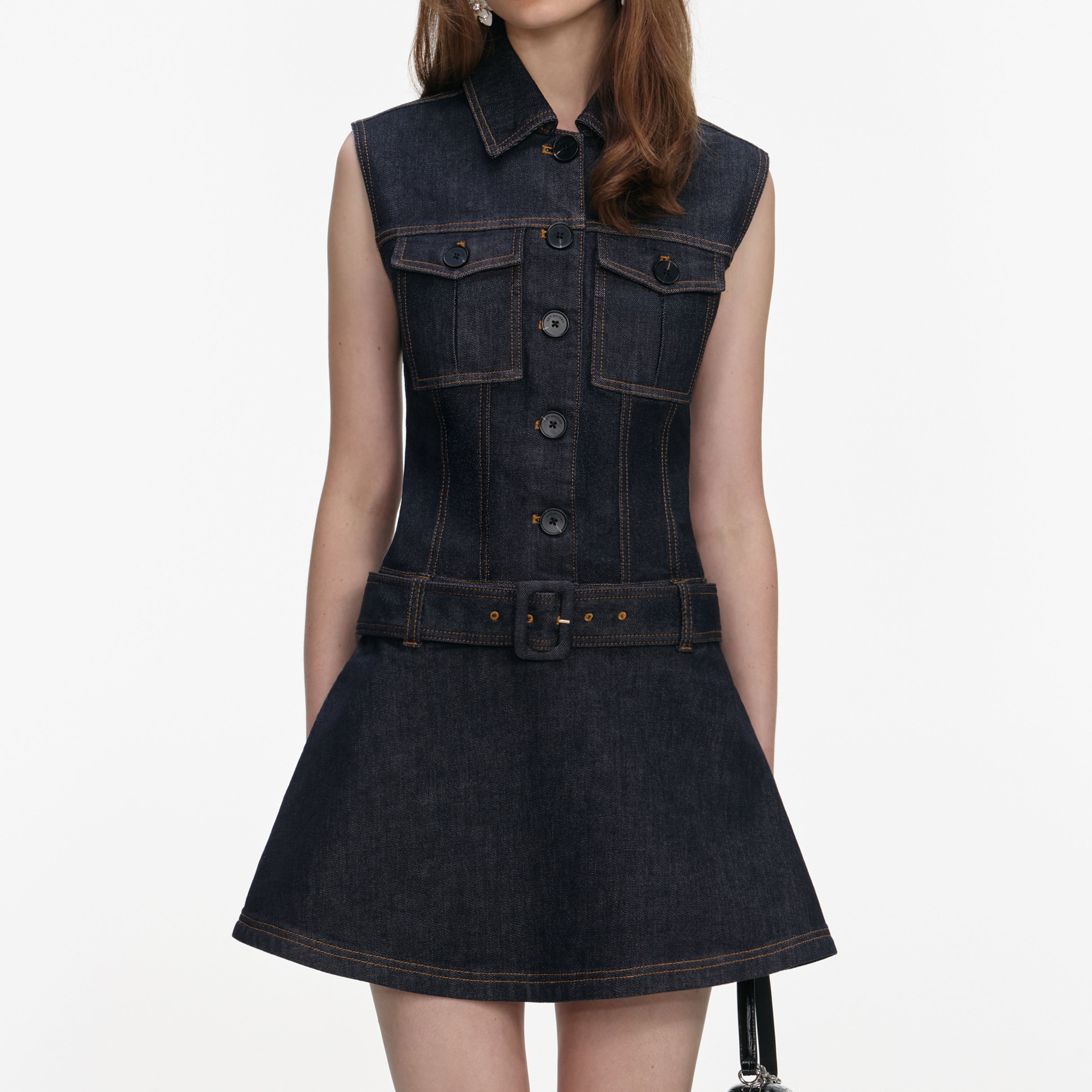 Indigo Denim Flared Mini Dress – self-portrait-US