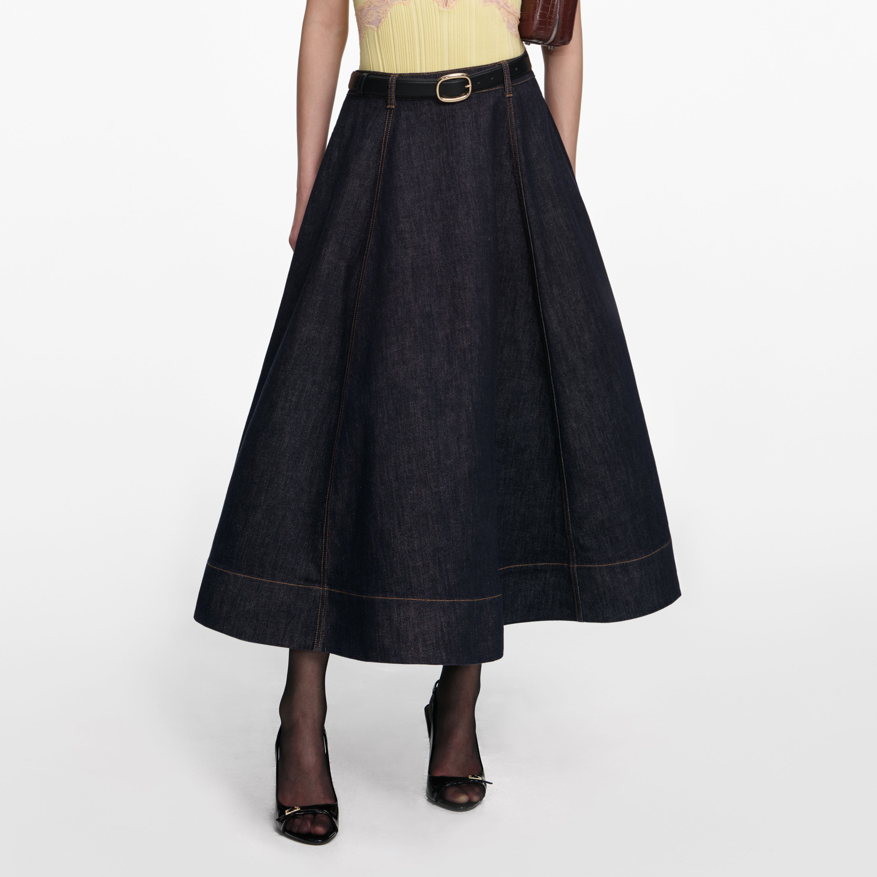 Indigo Denim Flared Midi Skirt – self-portrait-US