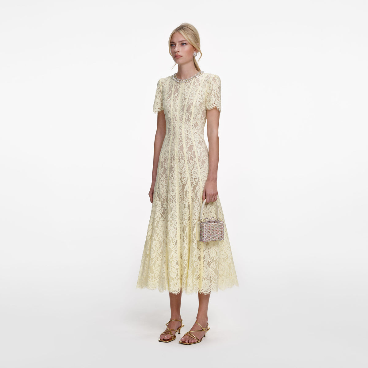 Yellow Lace Embellished Midi Dress – self-portrait-US