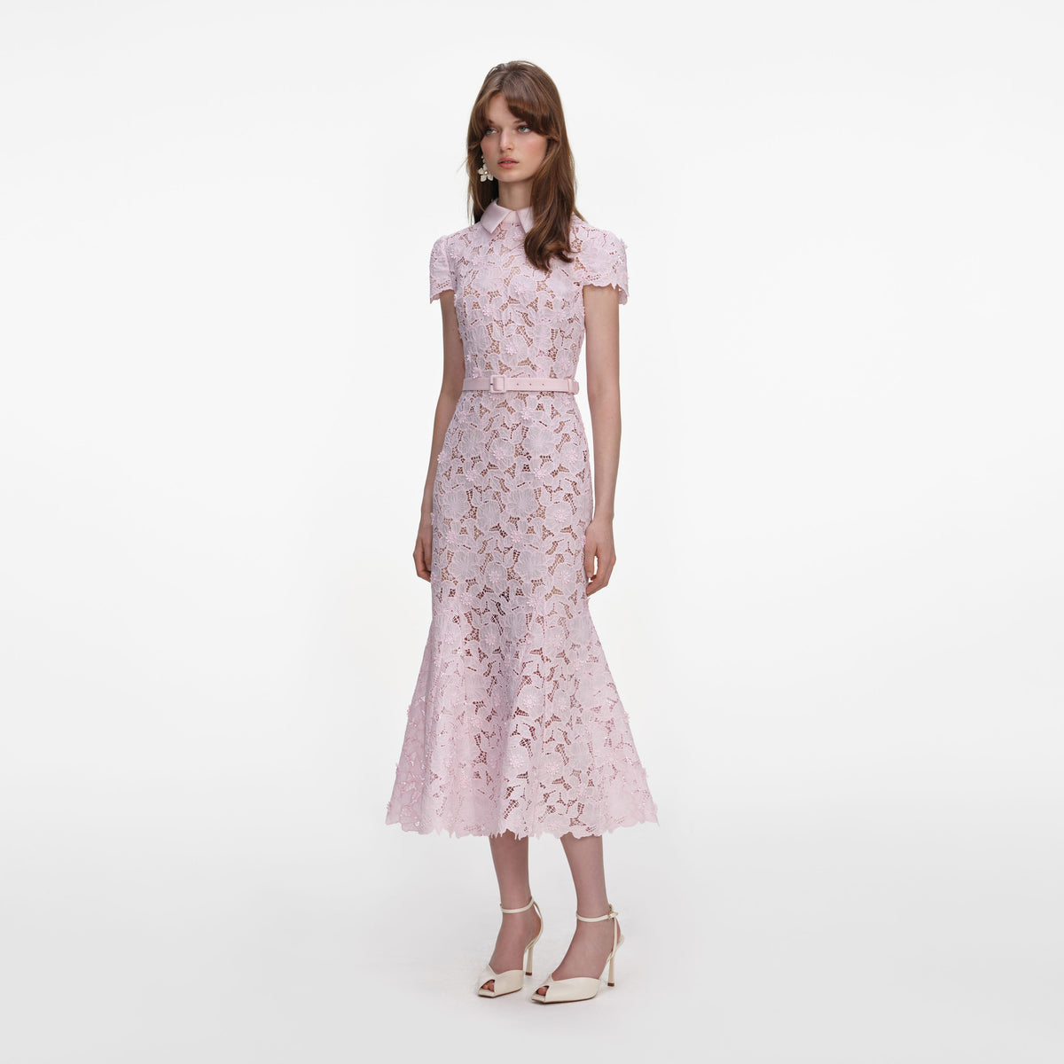 Self-Portrait - Pink Guipure Lace Midi Dress