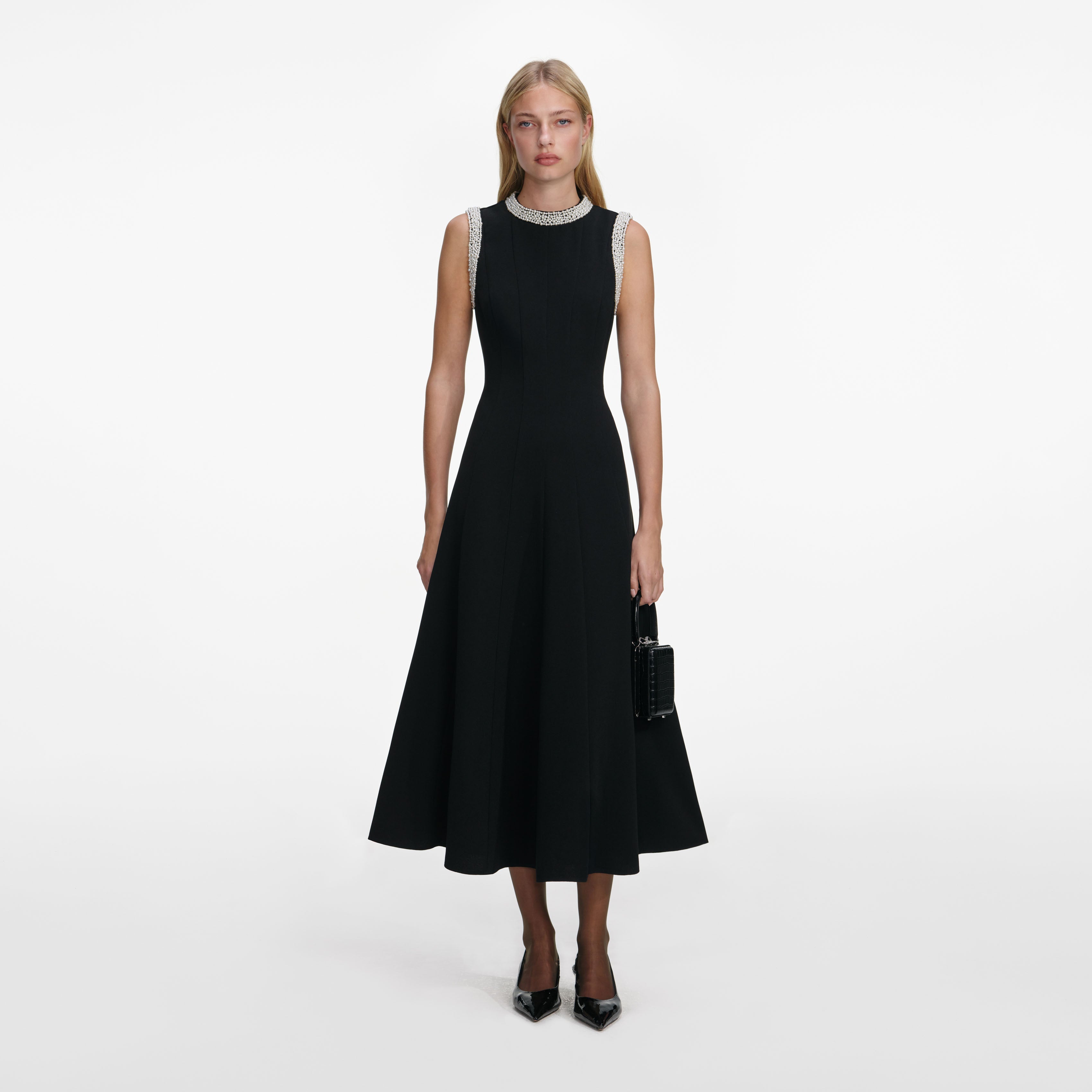 Black Crepe Pearl Trim Midi Dress