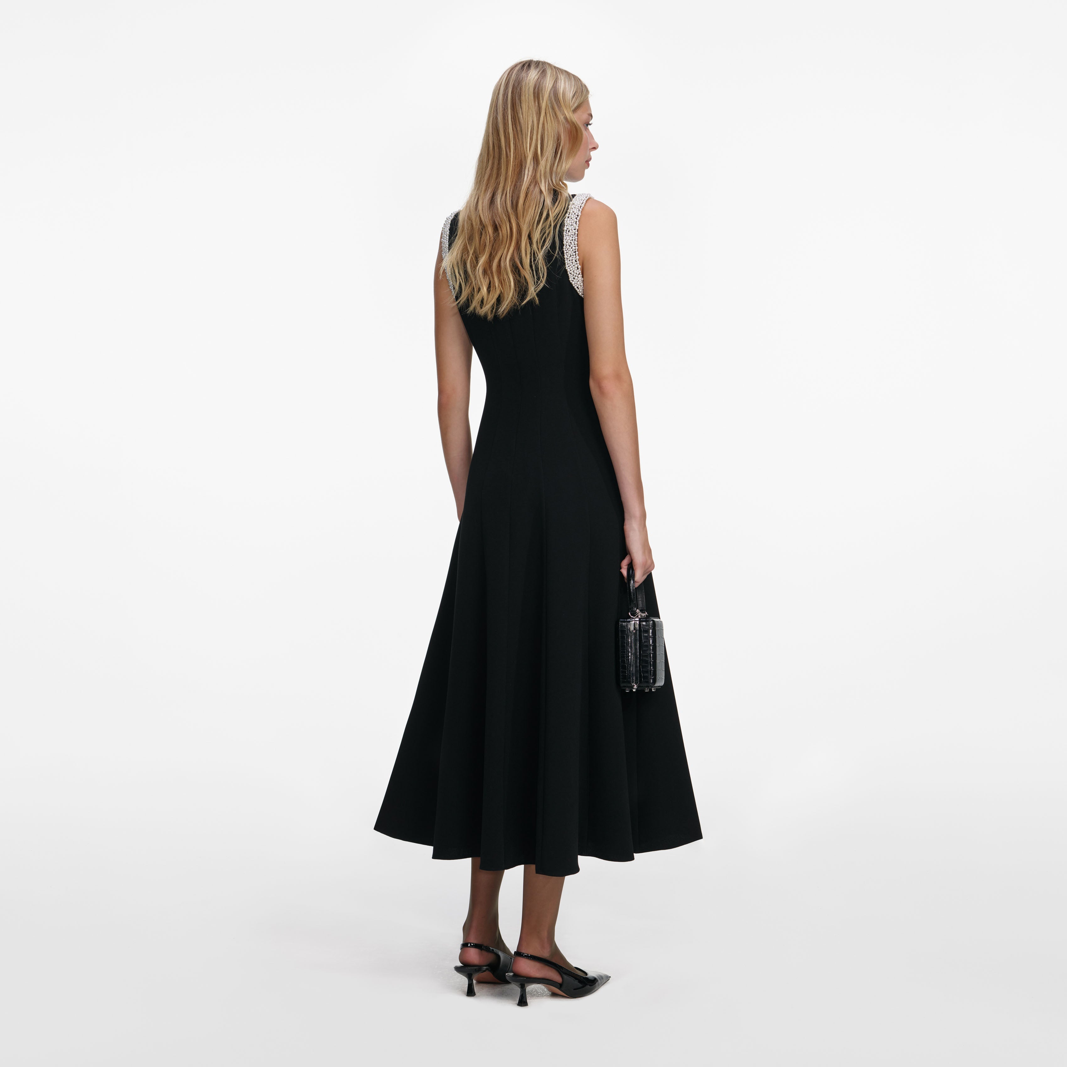 Black Crepe Pearl Trim Midi Dress – self-portrait-US