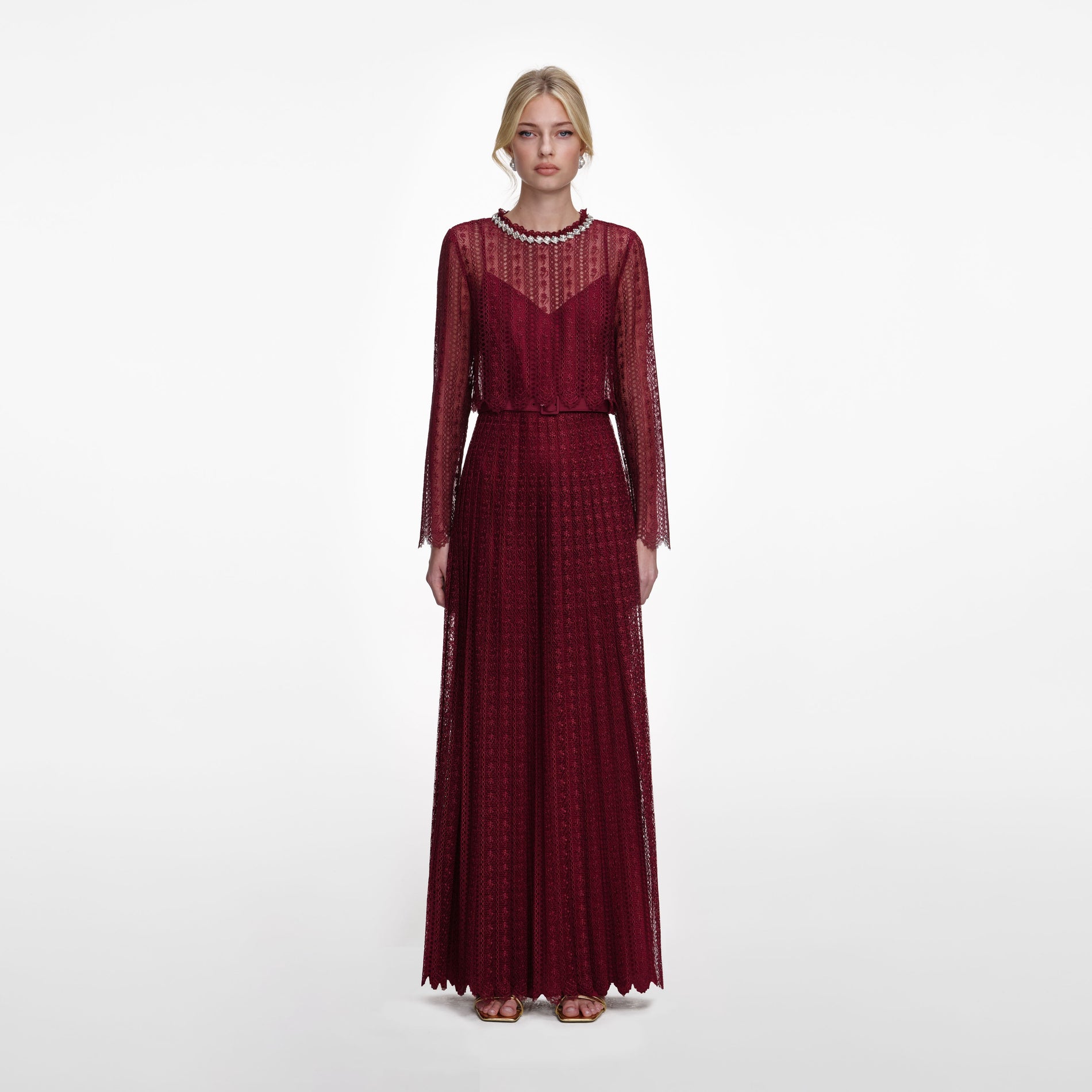 Front view of a woman wearing the Burgundy Organza Lace Maxi Dress