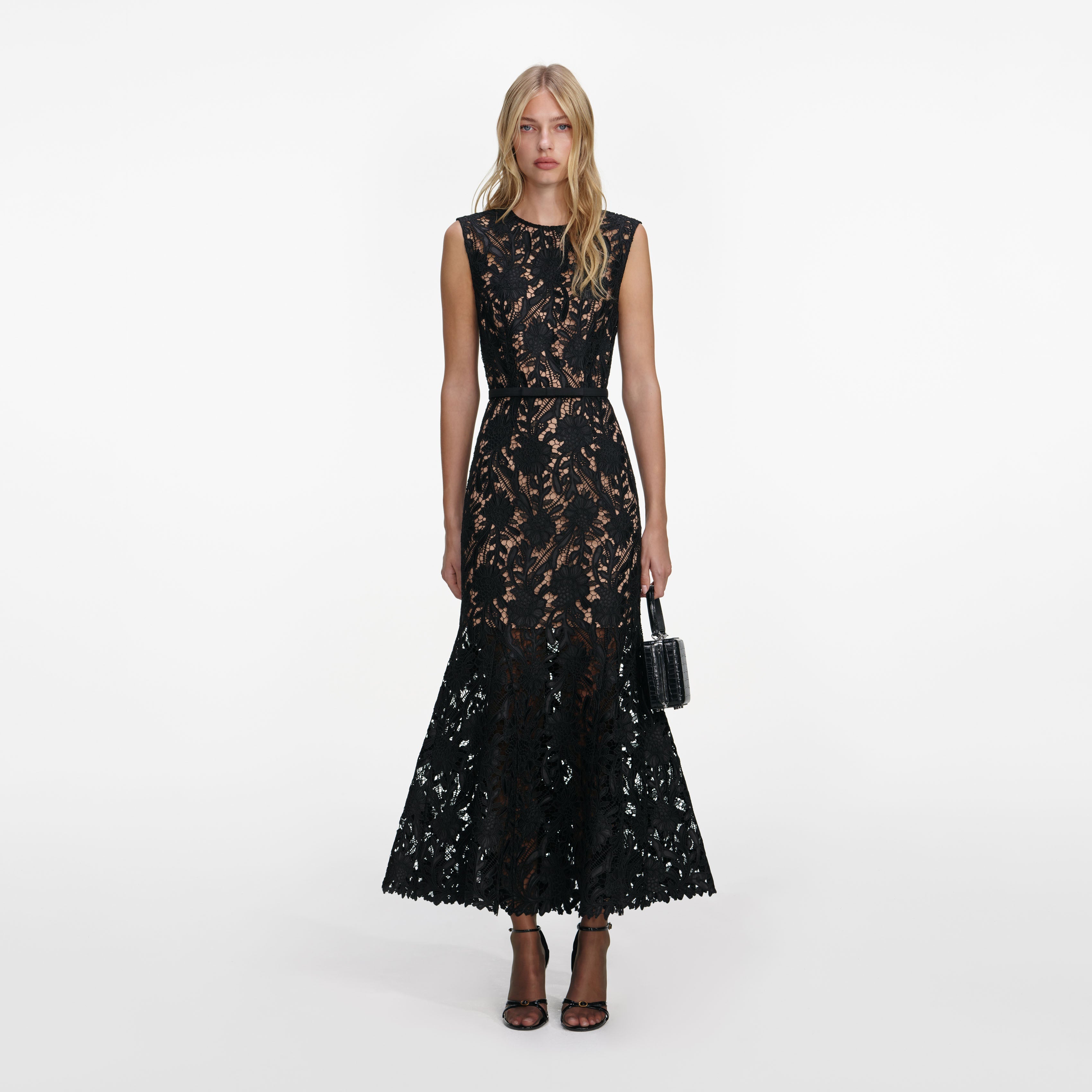 Black Fine Lace Midi Dress – self-portrait-US