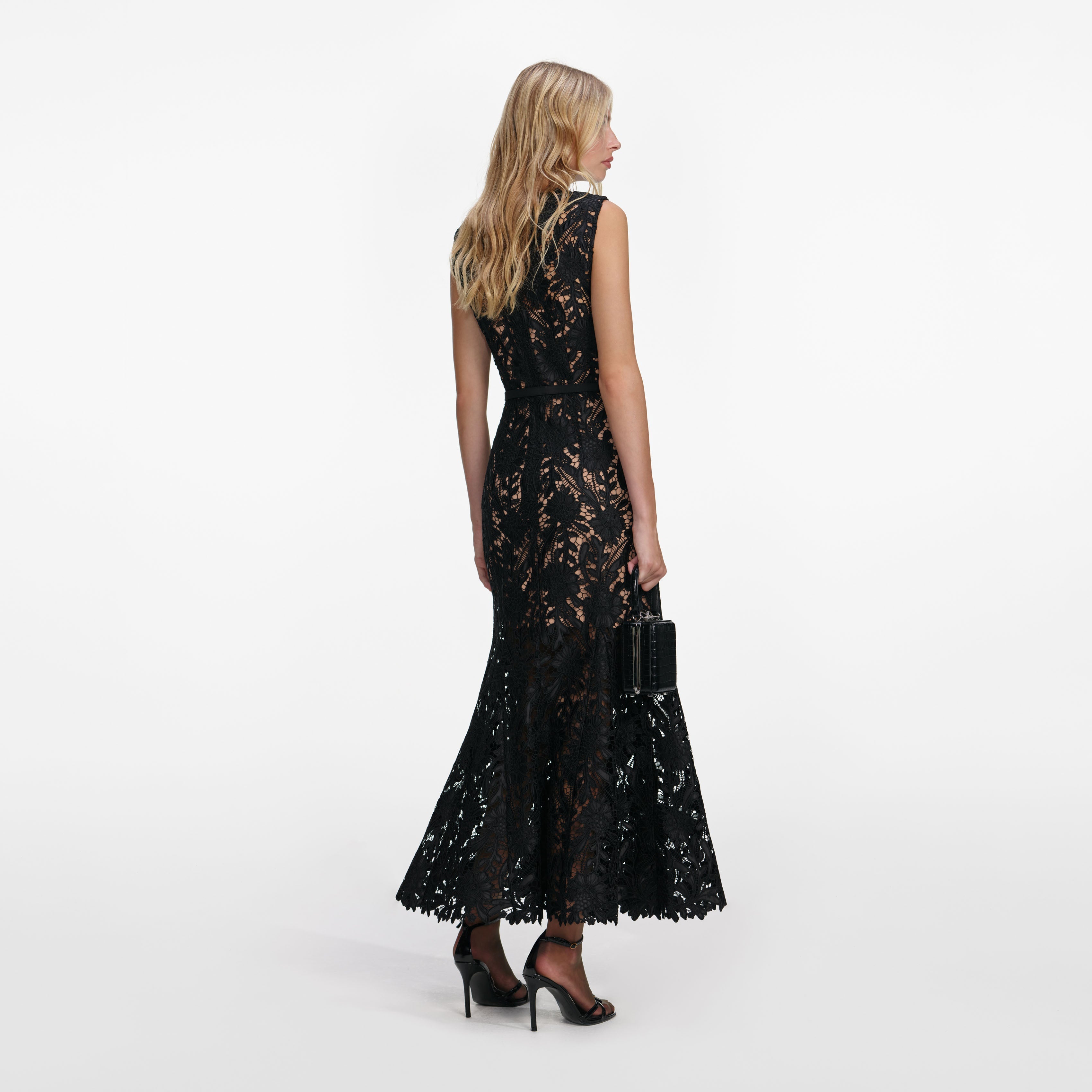 Black Guipure Lace Midi Dress – self-portrait-US