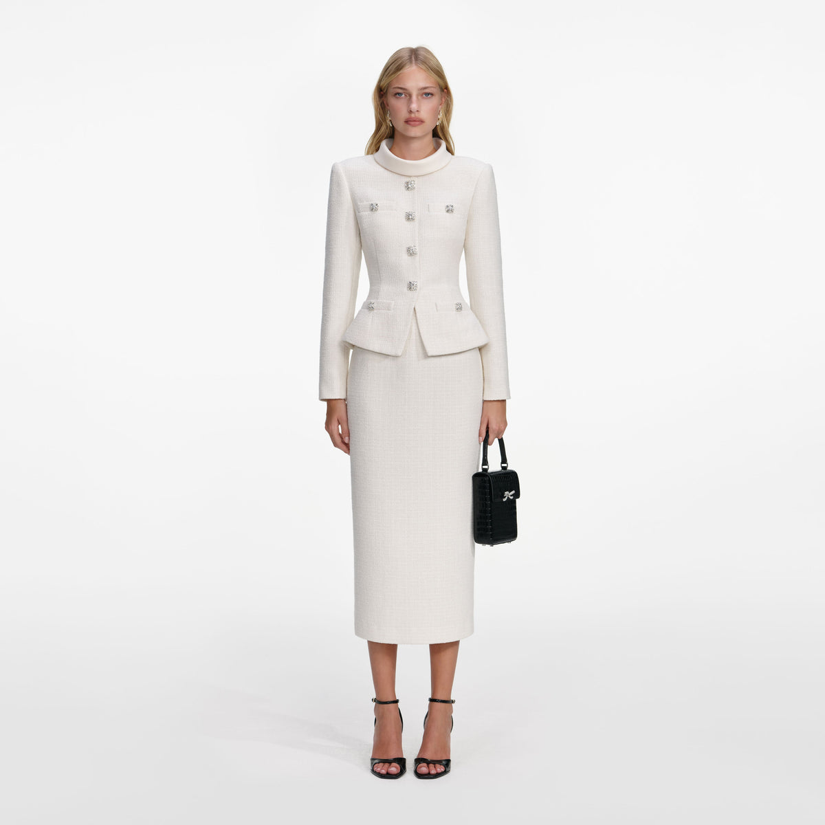 Self-Portrait - Cream Boucle Tailored Midi Dress