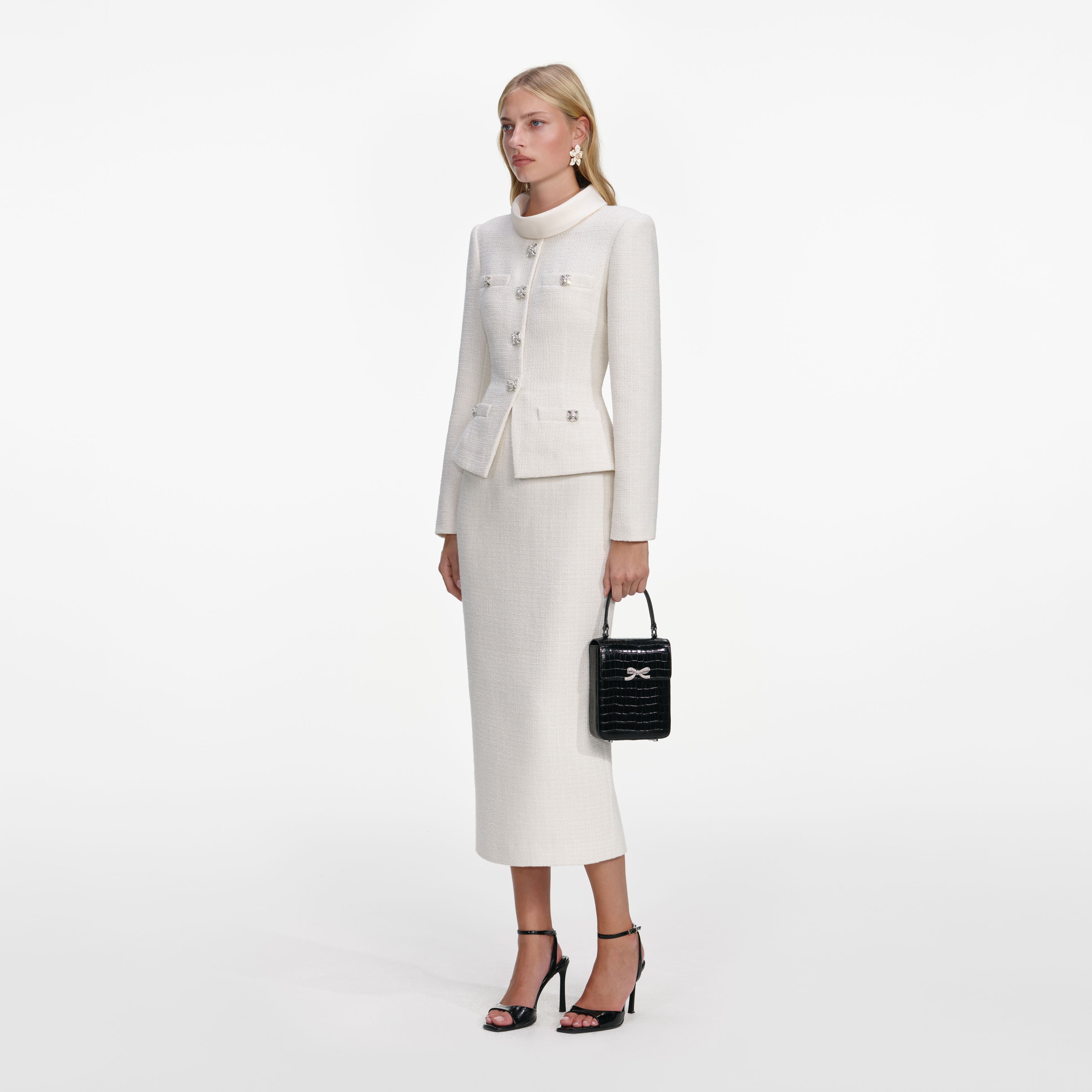 Cream Boucle Tailored Midi Dress