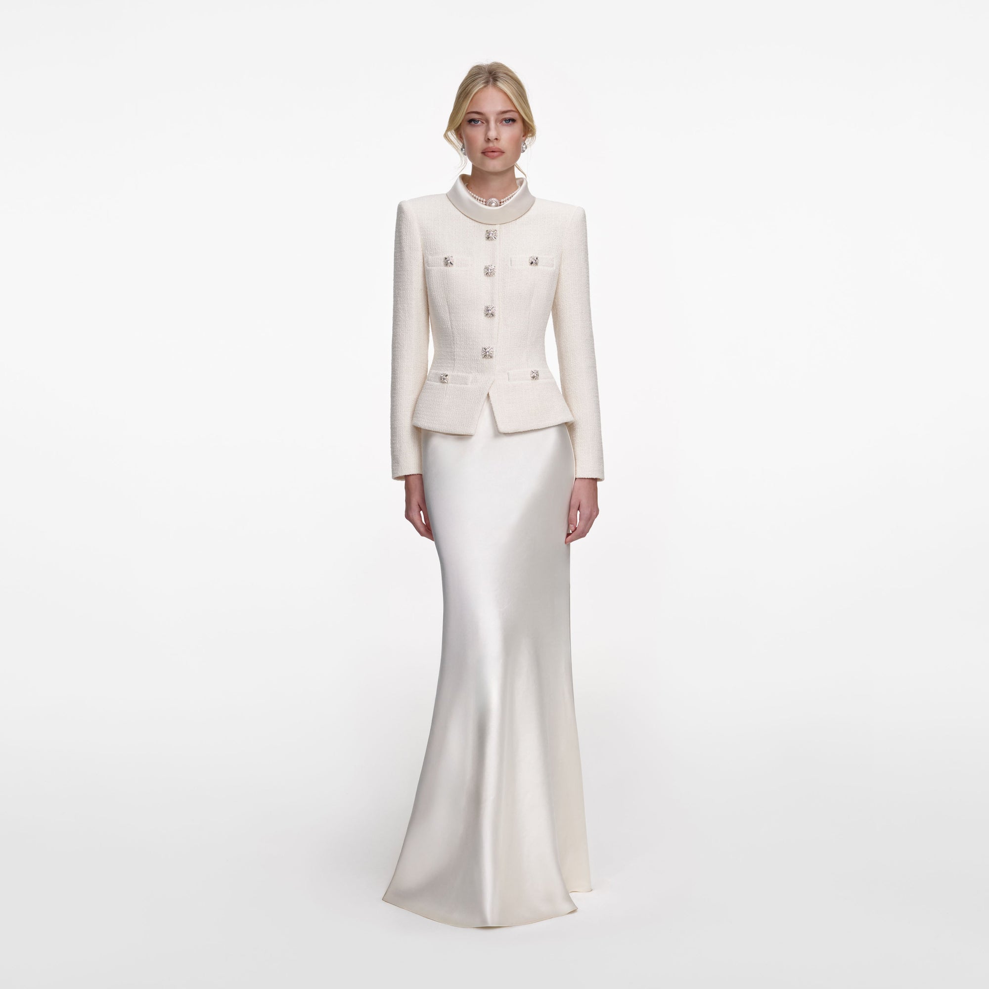 Front view of a woman wearing the Cream Boucle Collared Maxi Dress