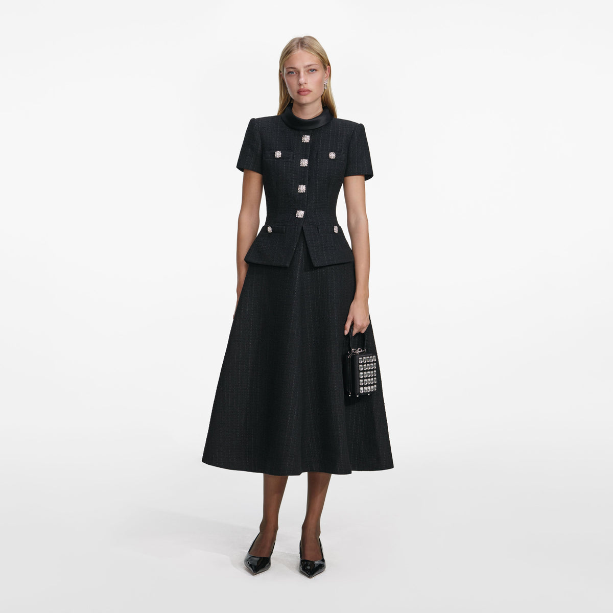 Self-Portrait - Black Boucle Collared Midi Dress
