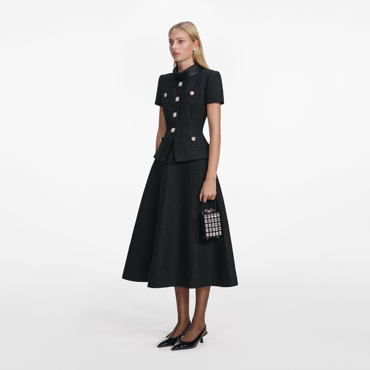 self-portrait - Black Boucle Collared Midi Dress