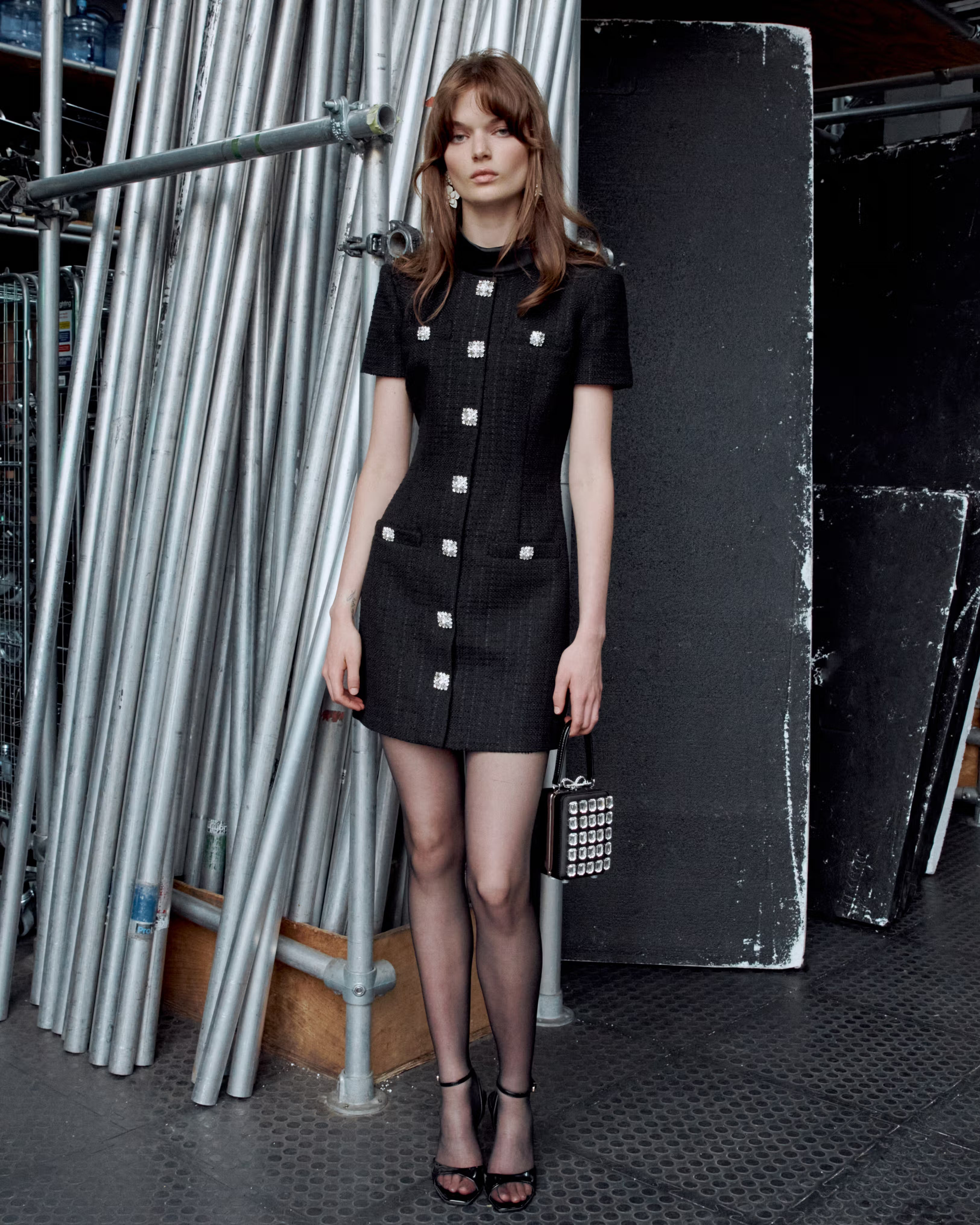 ワンピース Self-Portrait BOUCLE MINI DRESS UK4 Black Boucle Collared Mini Dress – self-portrait-US
