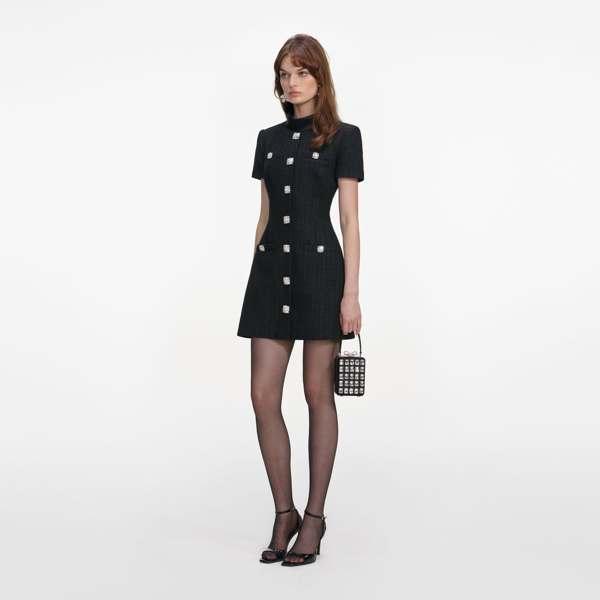 self-portrait - Black Boucle Collared Mini Dress
