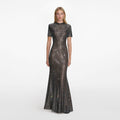 Gunmetal Rhinestone Mesh Maxi Dress